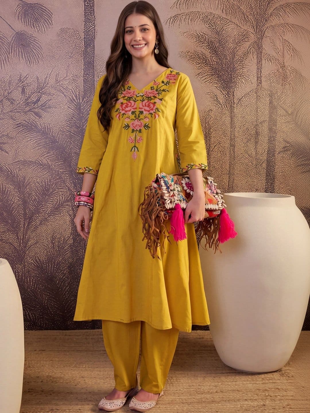 Shree Ramkrishna Fab Women Floral Embroidered Regular Thread Work Pure Cotton Kurta with Palazzos thumbnail 2