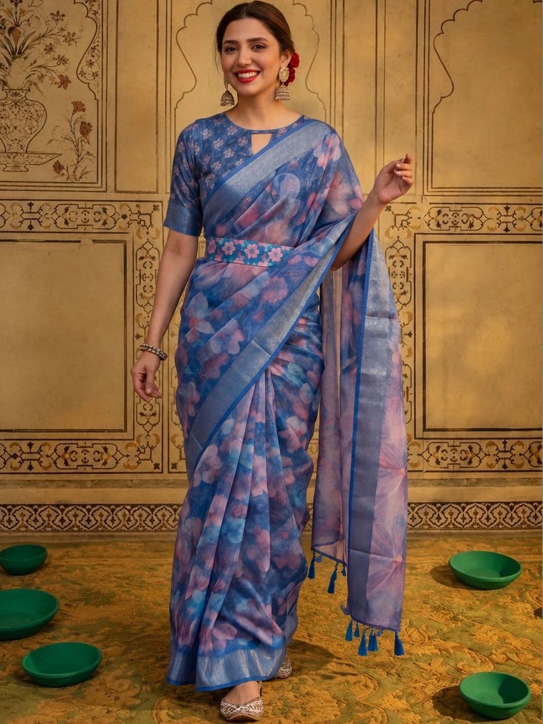 Mitera Floral Zari Silk Cotton Fusion Saree - view 1
