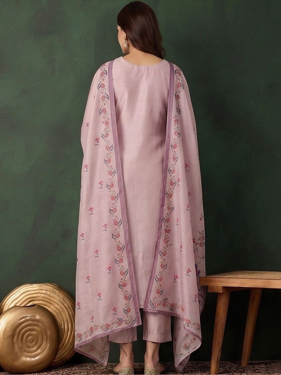 Sangria Women Floral Embroidered Regular Thread Work Chanderi Silk Kurta with Trousers & With Dupatta thumbnail 5