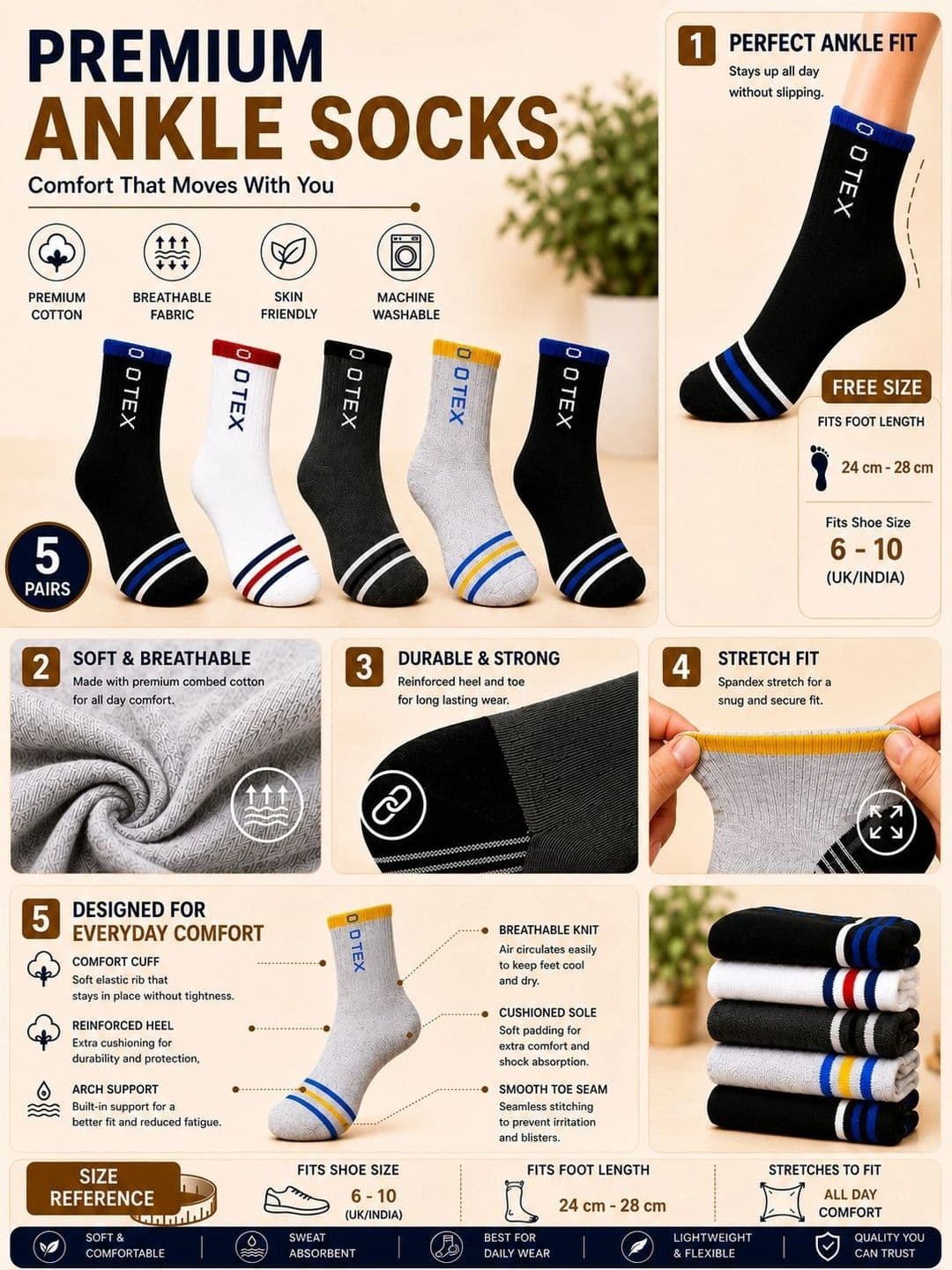 ADDOSSO Men Pack of 5 Cotton Assorted Striped Ankle Length Socks thumbnail 2