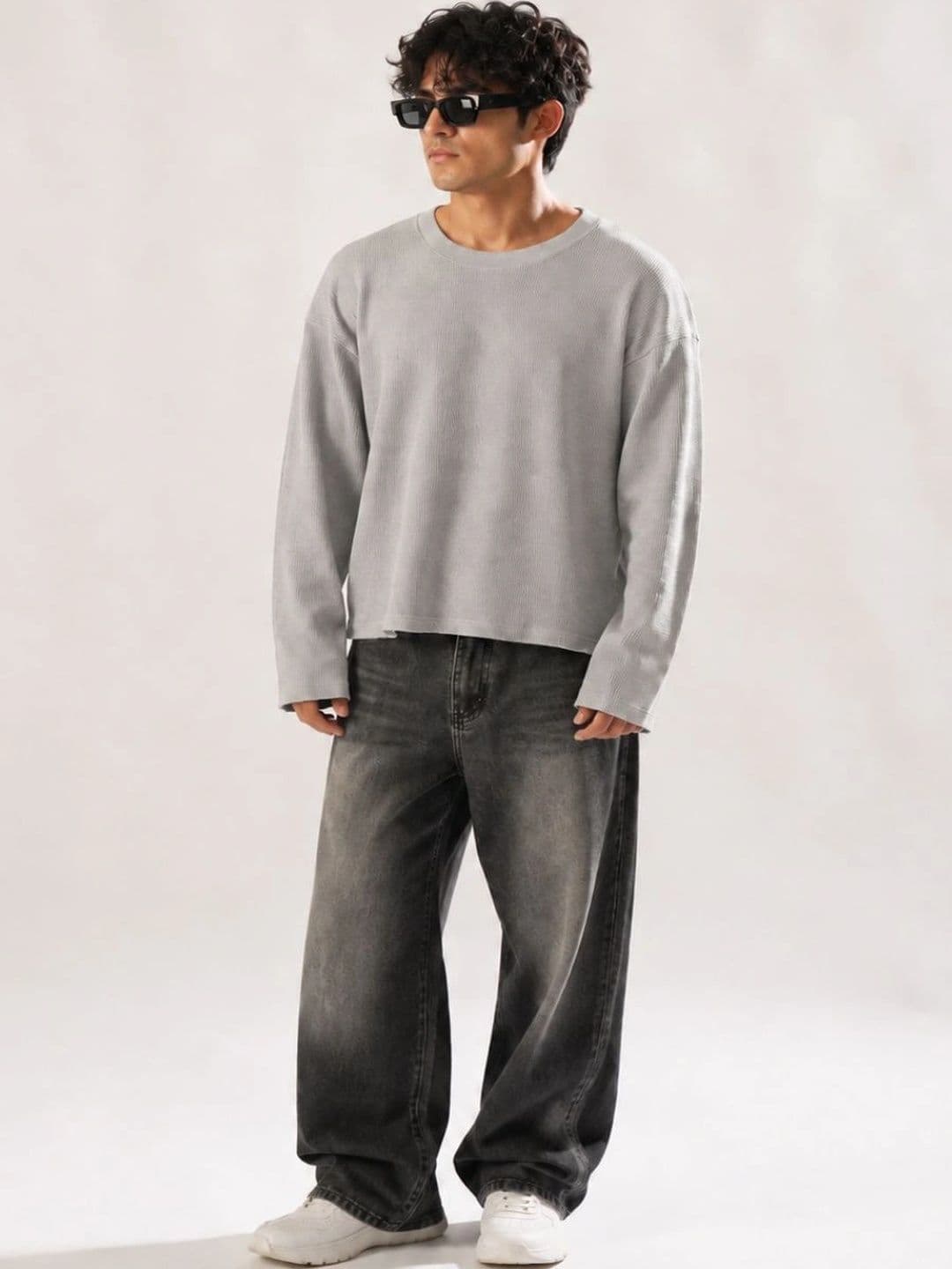 BEOVER Men Boxy Fit Solid Grey T-shirt thumbnail 3