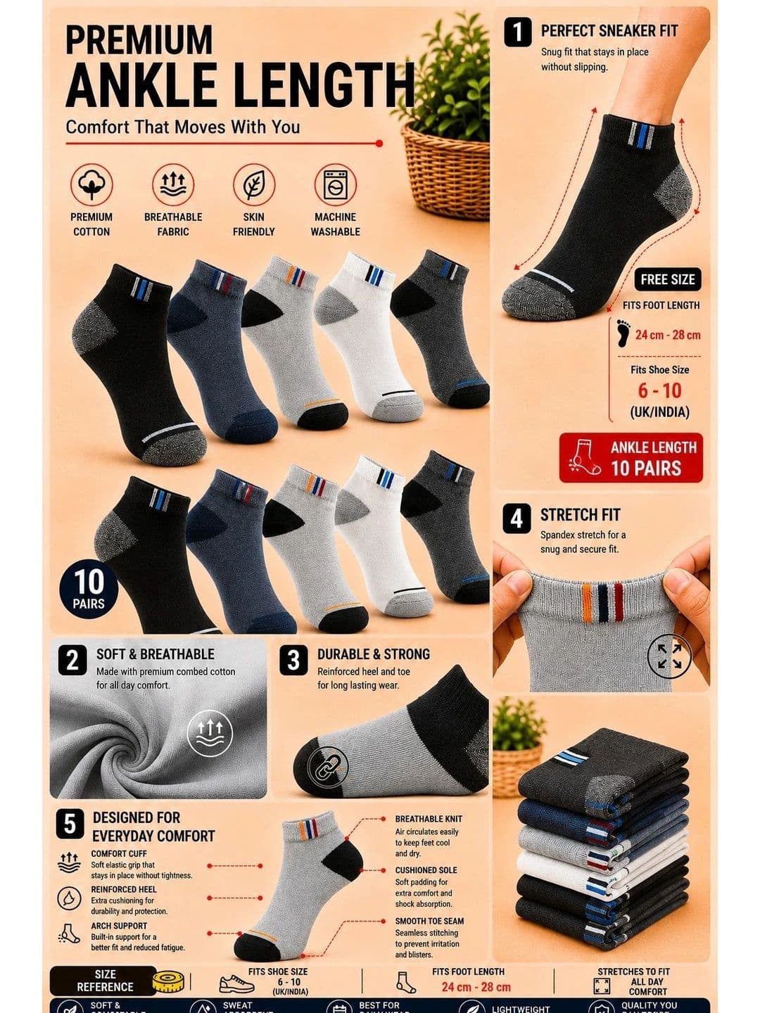 ADDOSSO Men Pack of 10 Cotton Assorted Colourblocked Ankle Length Socks thumbnail 4