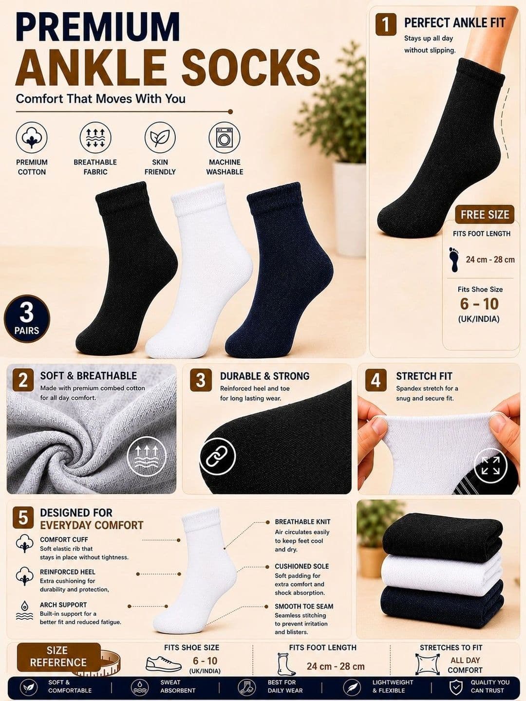 ADDOSSO Men Pack of 3 Cotton Assorted Ankle Length Socks thumbnail 2