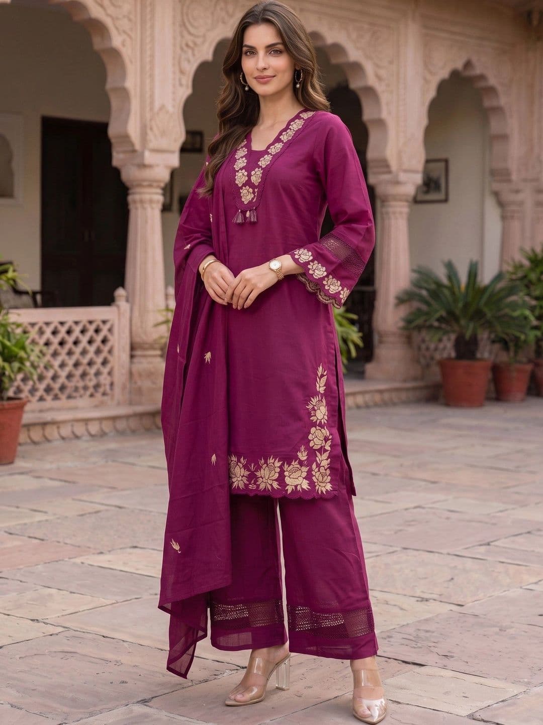 Sangria Women Ethnic Motifs Embroidered Regular Thread Work Pure Cotton Kurta with Palazzos & With Dupatta thumbnail 2