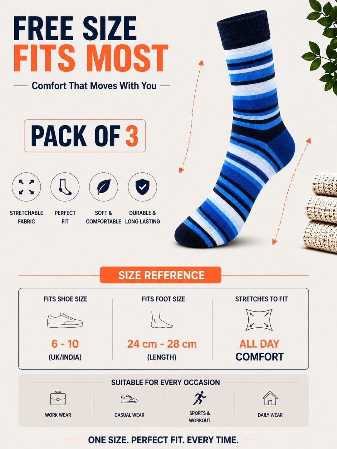 ADDOSSO Men Pack of 3 Cotton Assorted Striped Calf Length Socks thumbnail 5