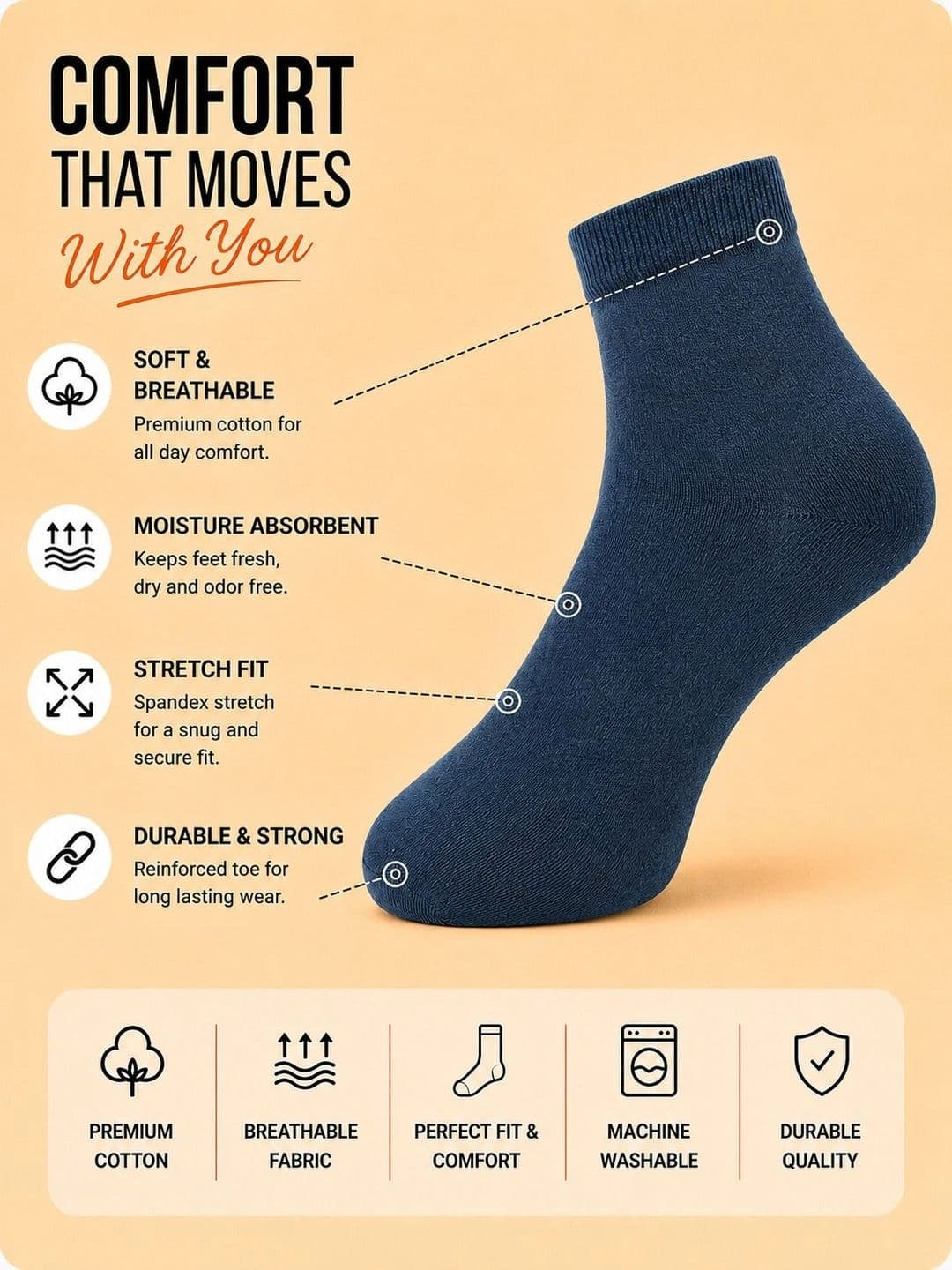 ADDOSSO Men Pack of 3 Cotton Assorted Ankle Length Socks thumbnail 5