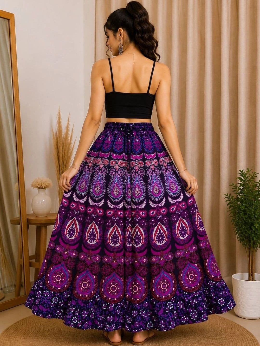 HIMCARE Women Cotton Cambric Paisley Bohemian Maxi Flared Skirt thumbnail 2