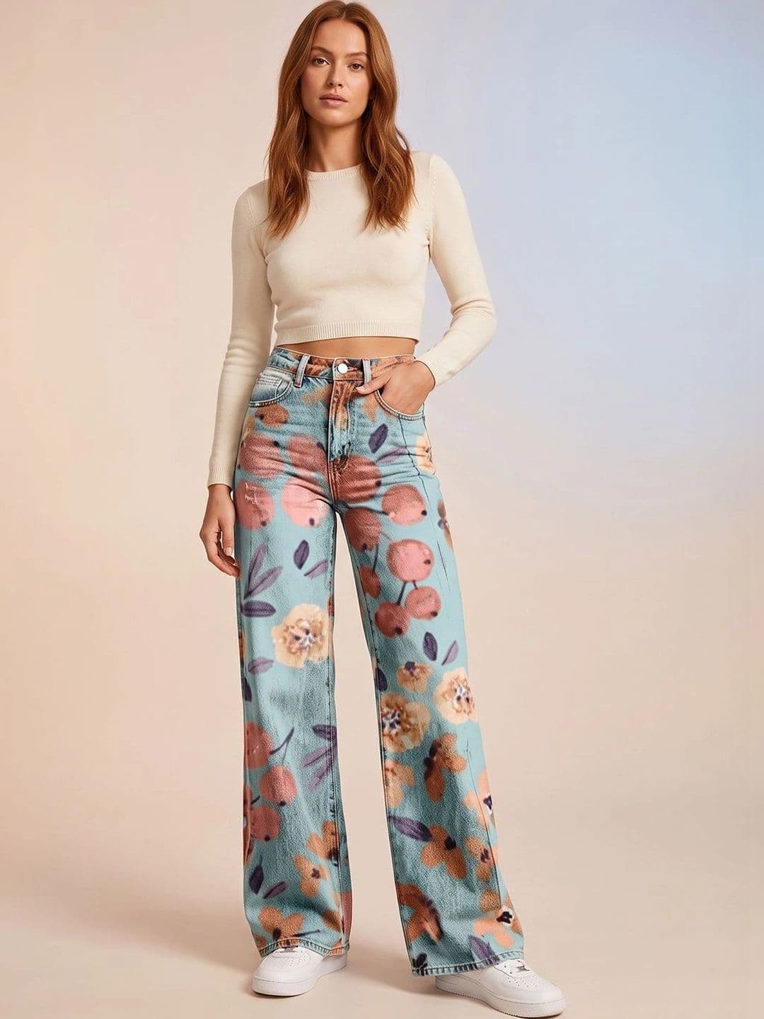 ATELIER REBEL Women Wide Leg Mid-Rise Light Fade Printed Jeans - view 1