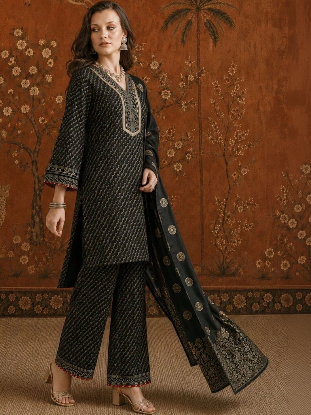 Sangria Women Ethnic Motifs Printed Regular Gotta Patti Kurta with Trousers & With Dupatta thumbnail 5