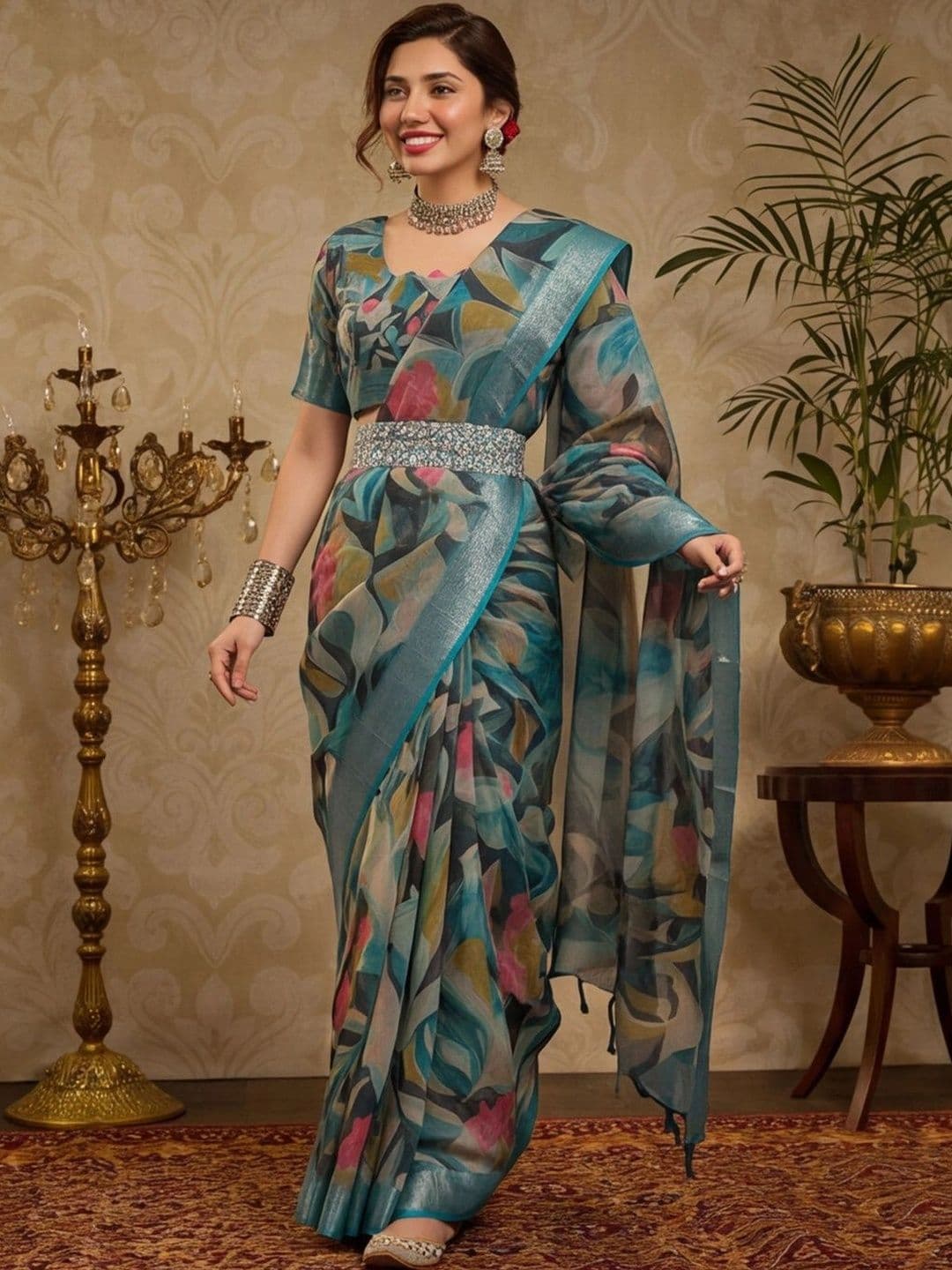 Mitera  Women Floral Zari Silk Cotton Fusion Saree - view 1
