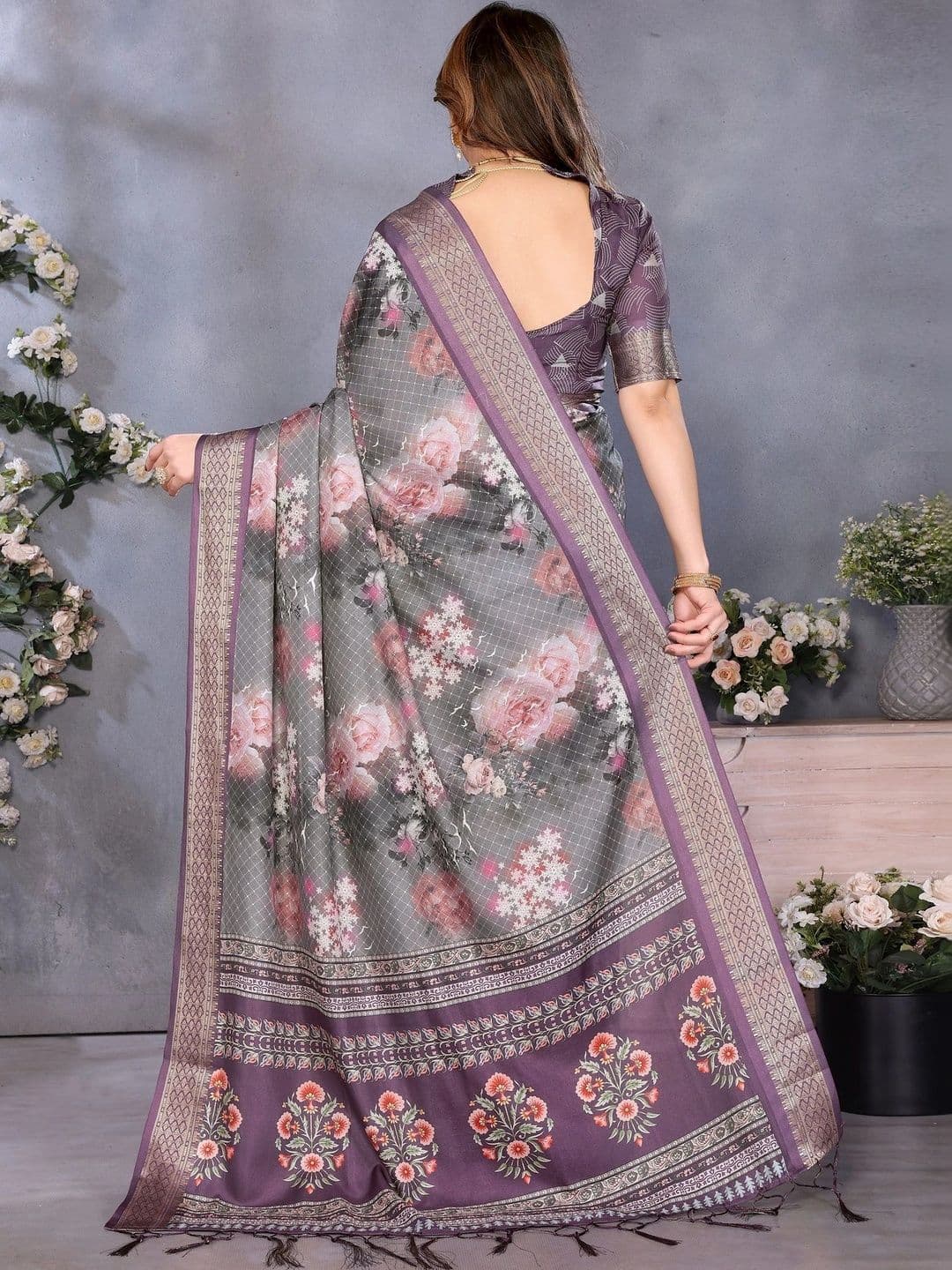 VS MALL Women Floral Silk Cotton Saree thumbnail 6
