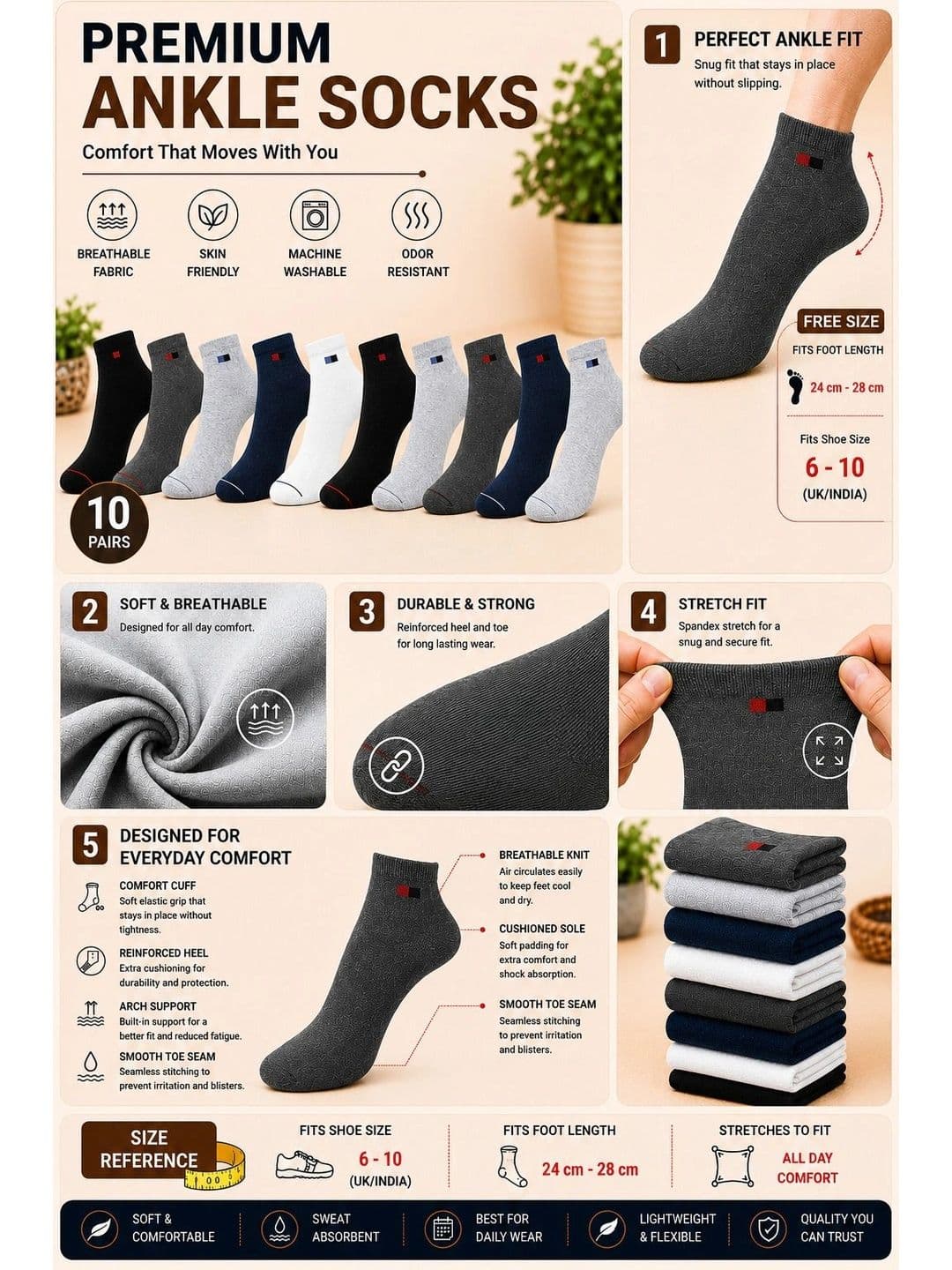 ADDOSSO Men Pack of 10 Cotton Assorted Ankle Length Socks thumbnail 5