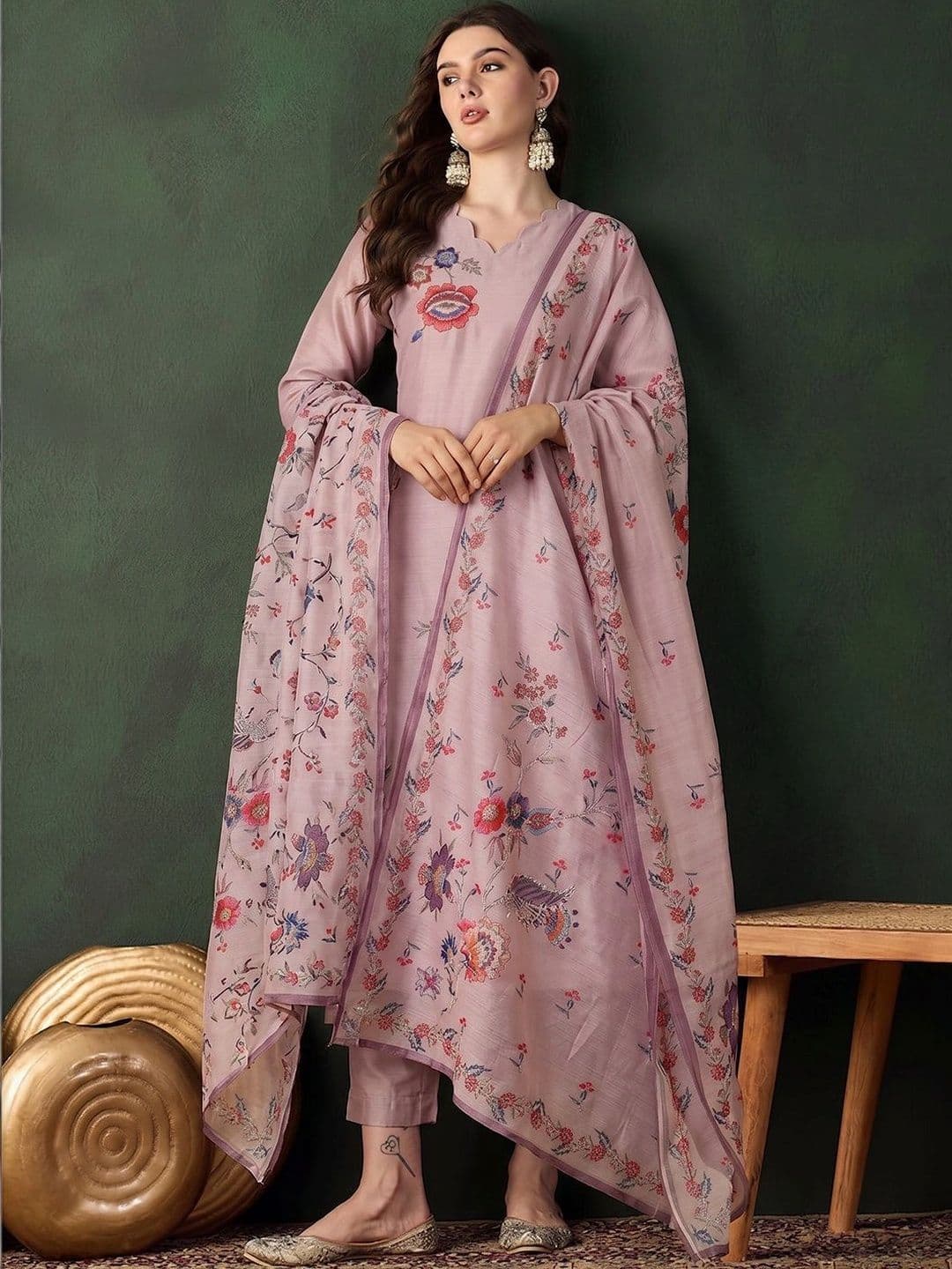 Sangria Women Floral Embroidered Regular Thread Work Chanderi Silk Kurta with Trousers & With Dupatta thumbnail 4