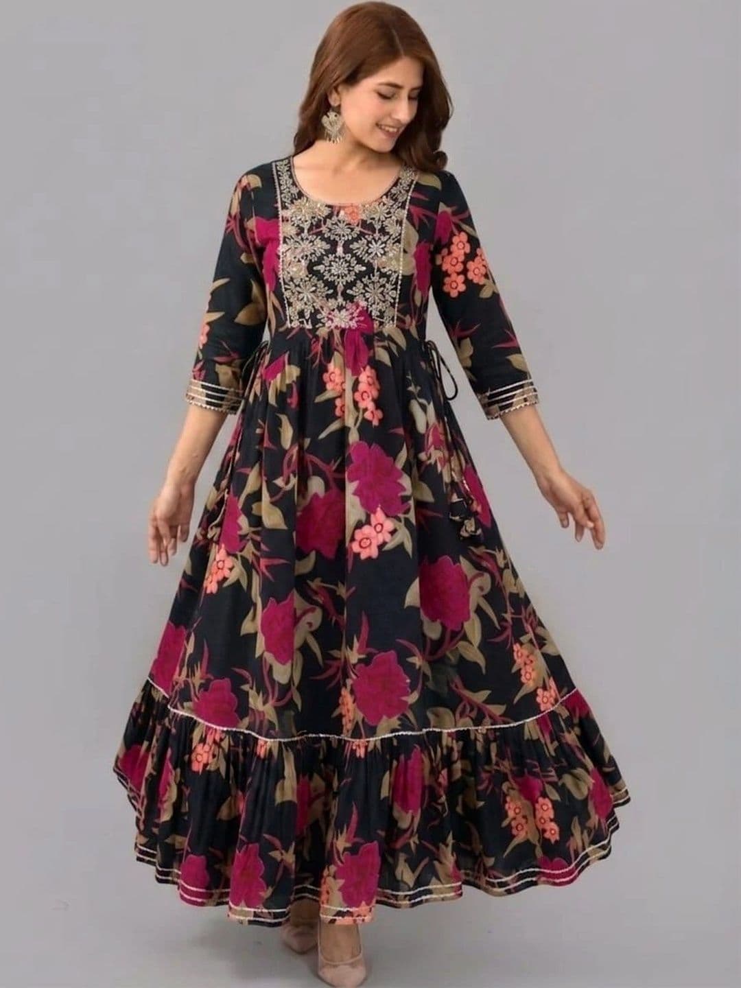 THE FOMCHA Embroidered Pure Cotton Anarkali Round Neck Ethnic Dresses - view 1