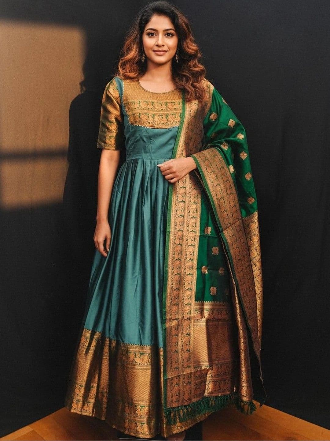 SmileyFashion Woven Design Round Neck Maxi Ethnic Dress With Dupatta - view 1
