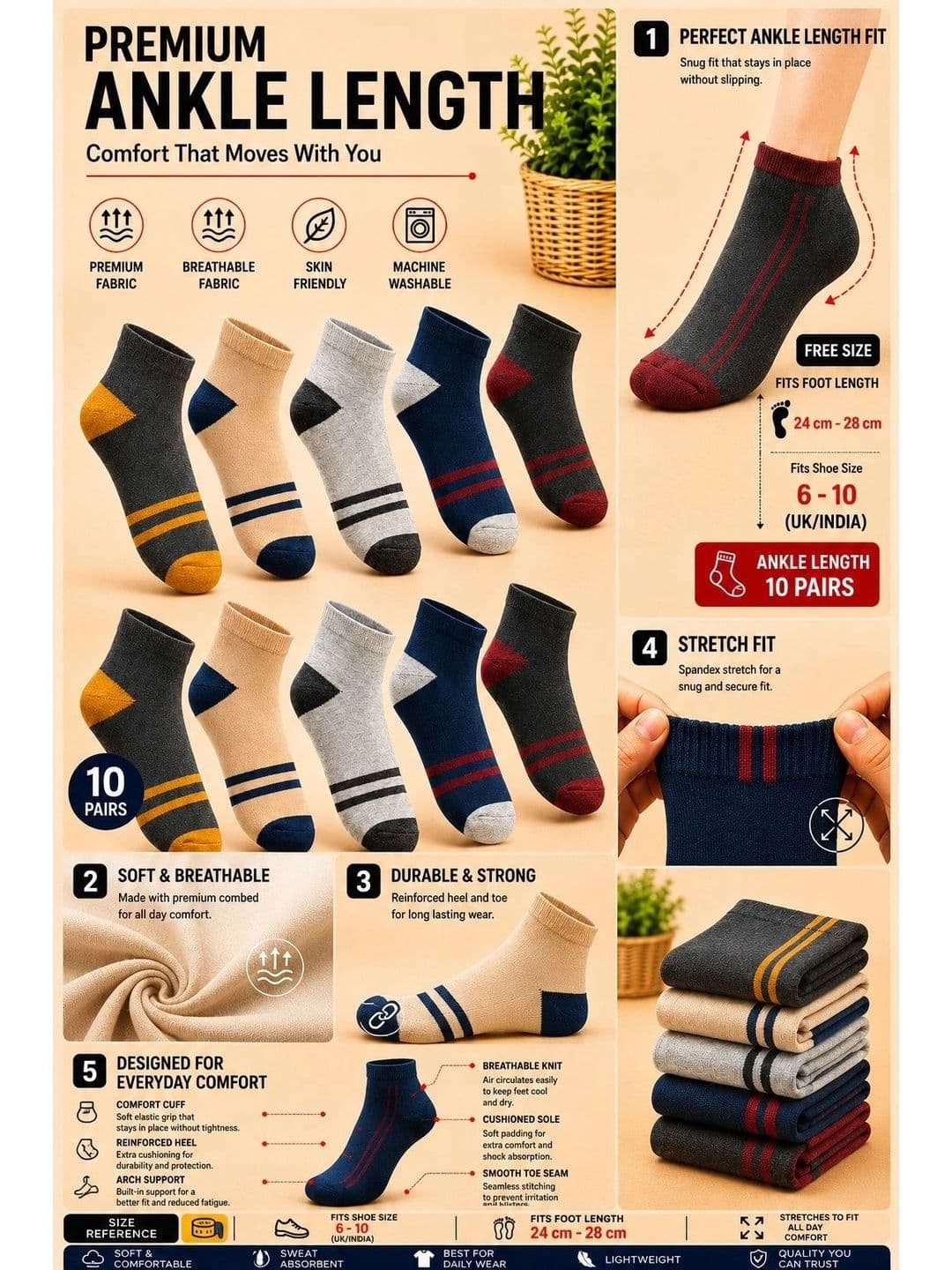 ADDOSSO Men Pack of 10 Cotton Assorted Striped Ankle Length Socks thumbnail 3