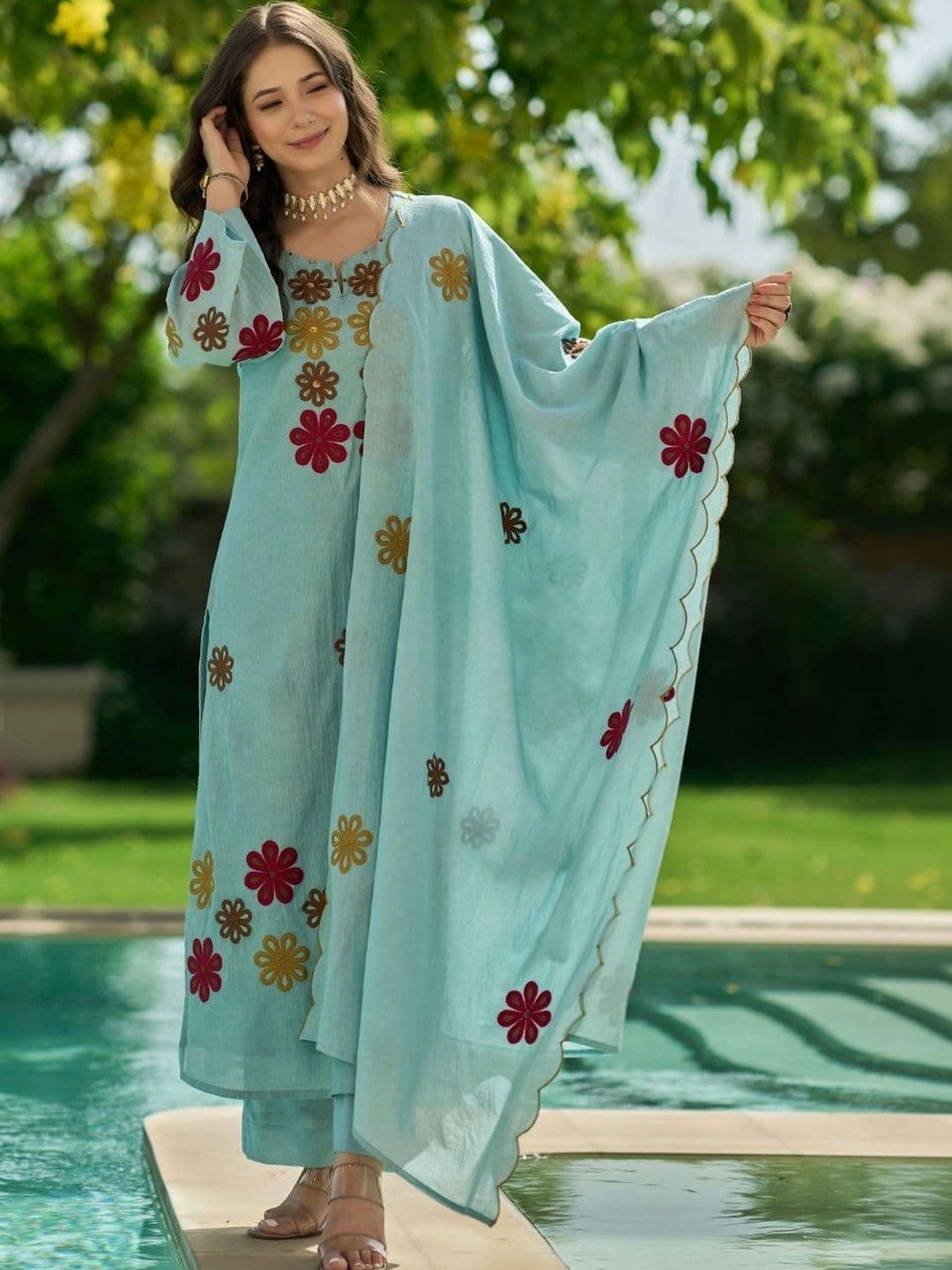 Moda Rapido Women Floral Embroidered Regular Thread Work Chanderi Silk Kurta with Trousers & With Dupatta thumbnail 3