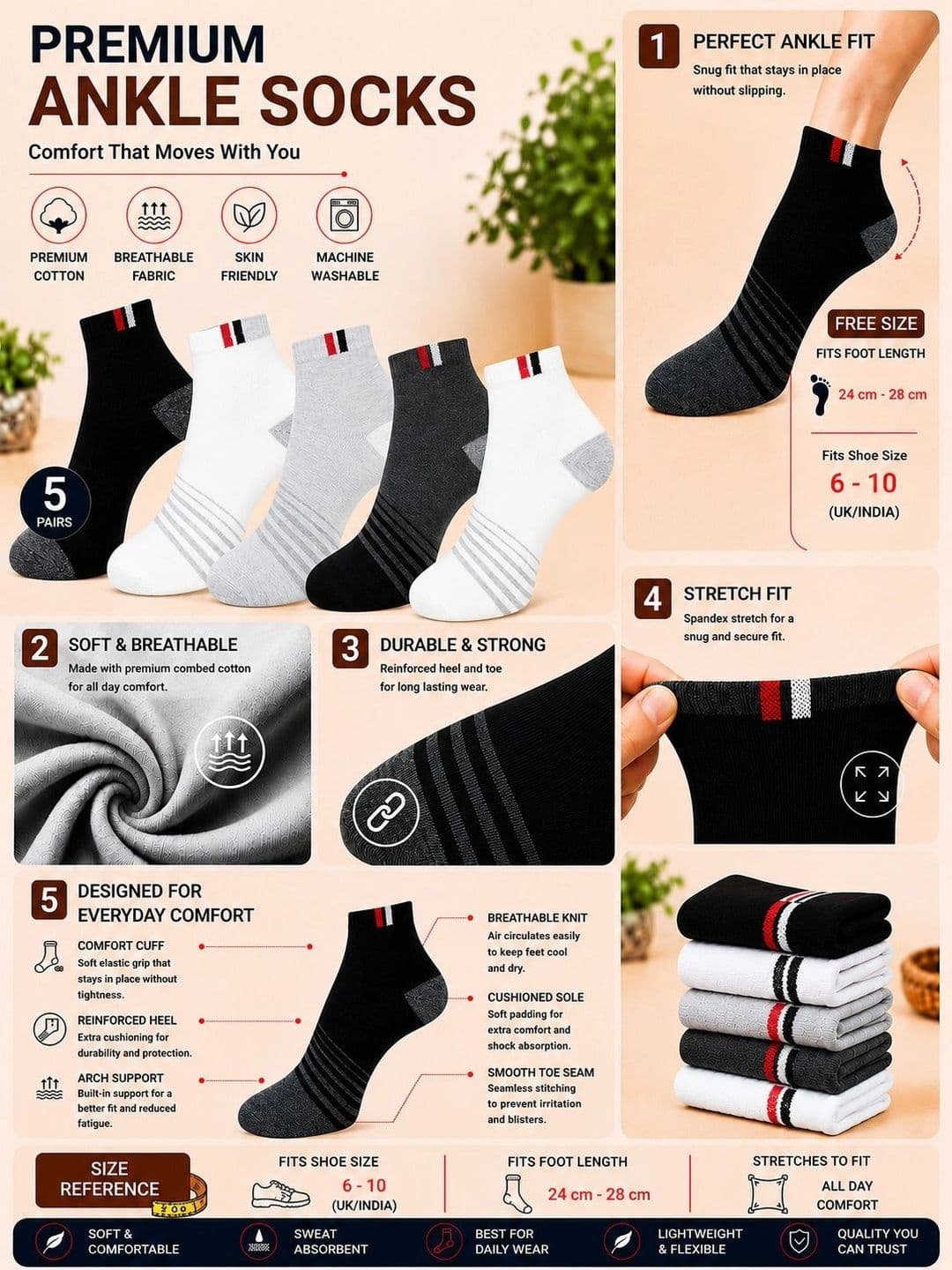 ADDOSSO Men Pack of 5 Cotton Assorted Striped Ankle Length Socks thumbnail 3