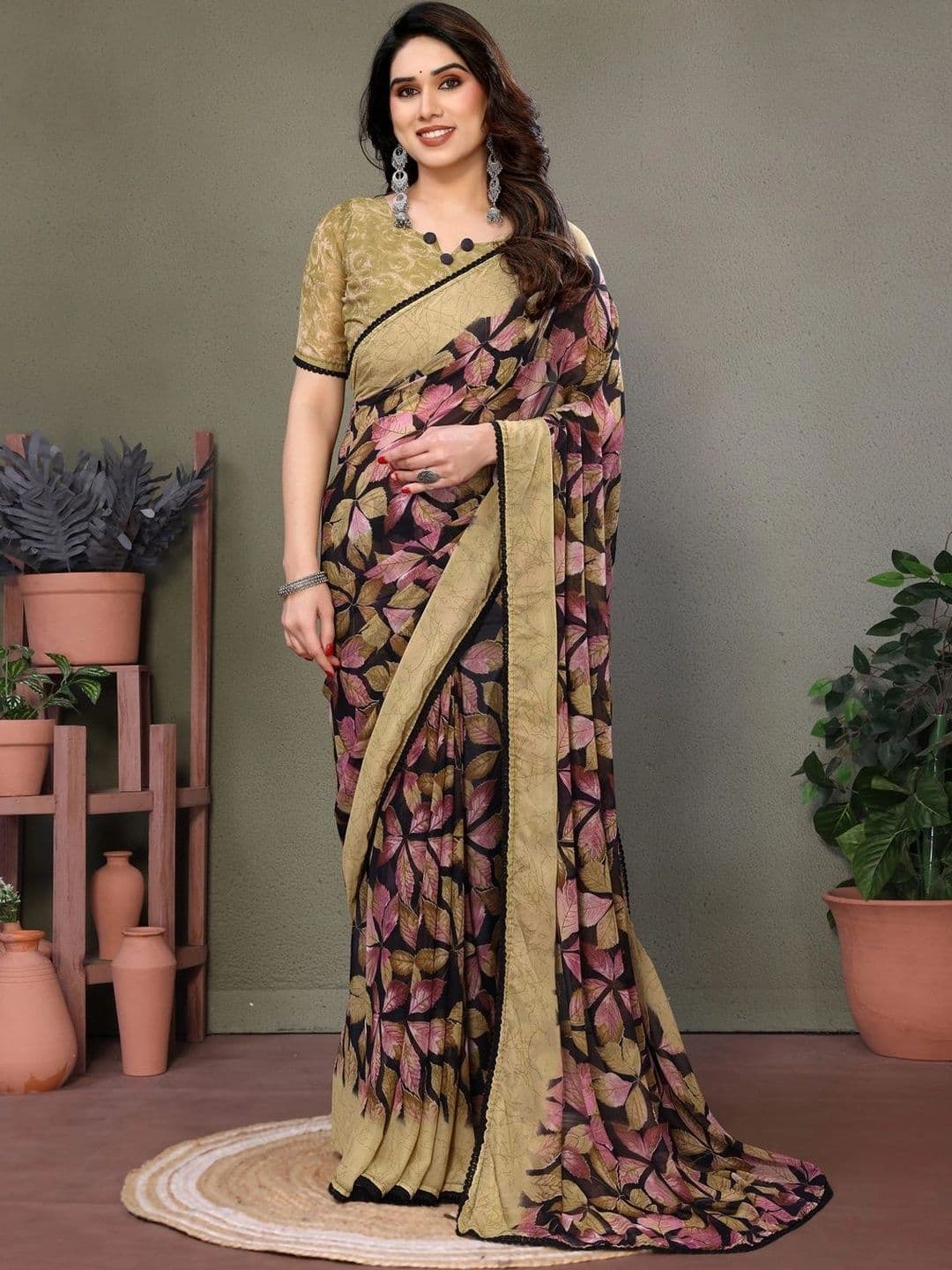 VS MALL Floral Poly Chiffon Saree - view 1