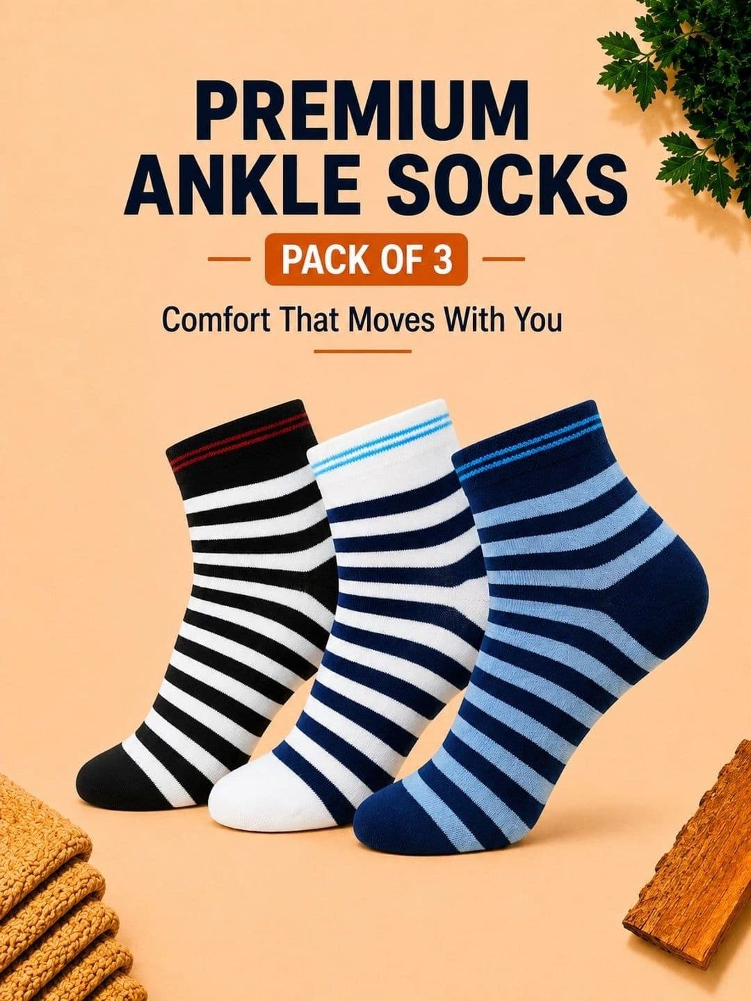 ADDOSSO Men Pack of 3 Cotton Assorted Striped Ankle Length Socks thumbnail 3