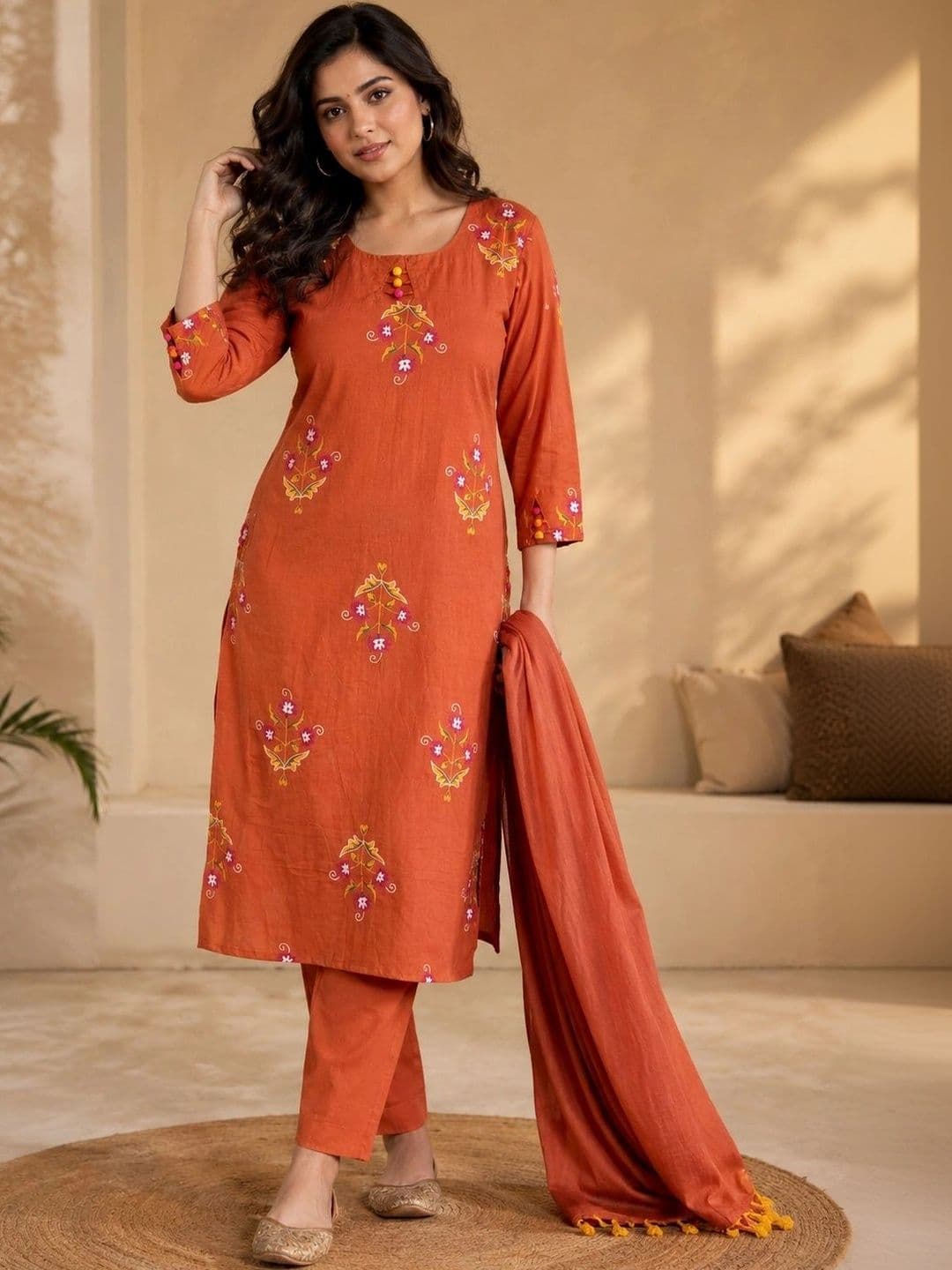 Siaraa Women Ethnic Motifs Embroidered Regular Thread Work Pure Cotton Kurta with Trousers & With Dupatta - view 1