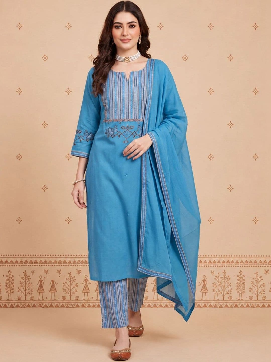 Anouk Women Ethnic Motifs Embroidered Regular Thread Work Pure Cotton Kurta with Trousers & With Dupatta - view 1