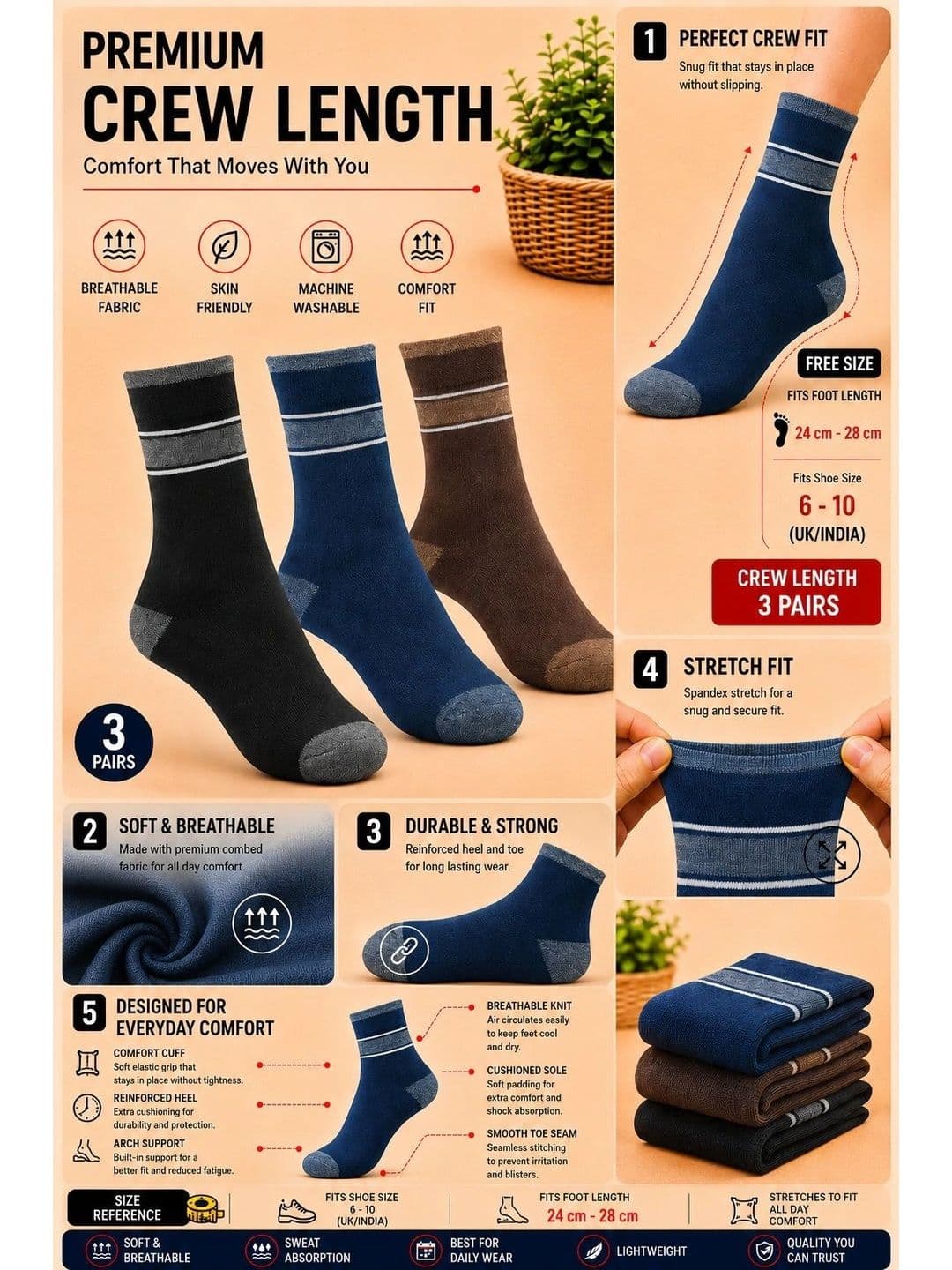 ADDOSSO Men Pack of 3 Cotton Assorted Striped Calf Length Socks thumbnail 5