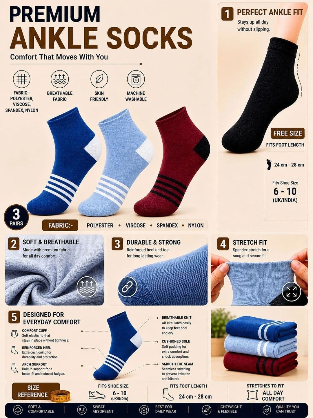 ADDOSSO Men Pack of 3 Cotton Assorted Striped Ankle Length Socks thumbnail 2