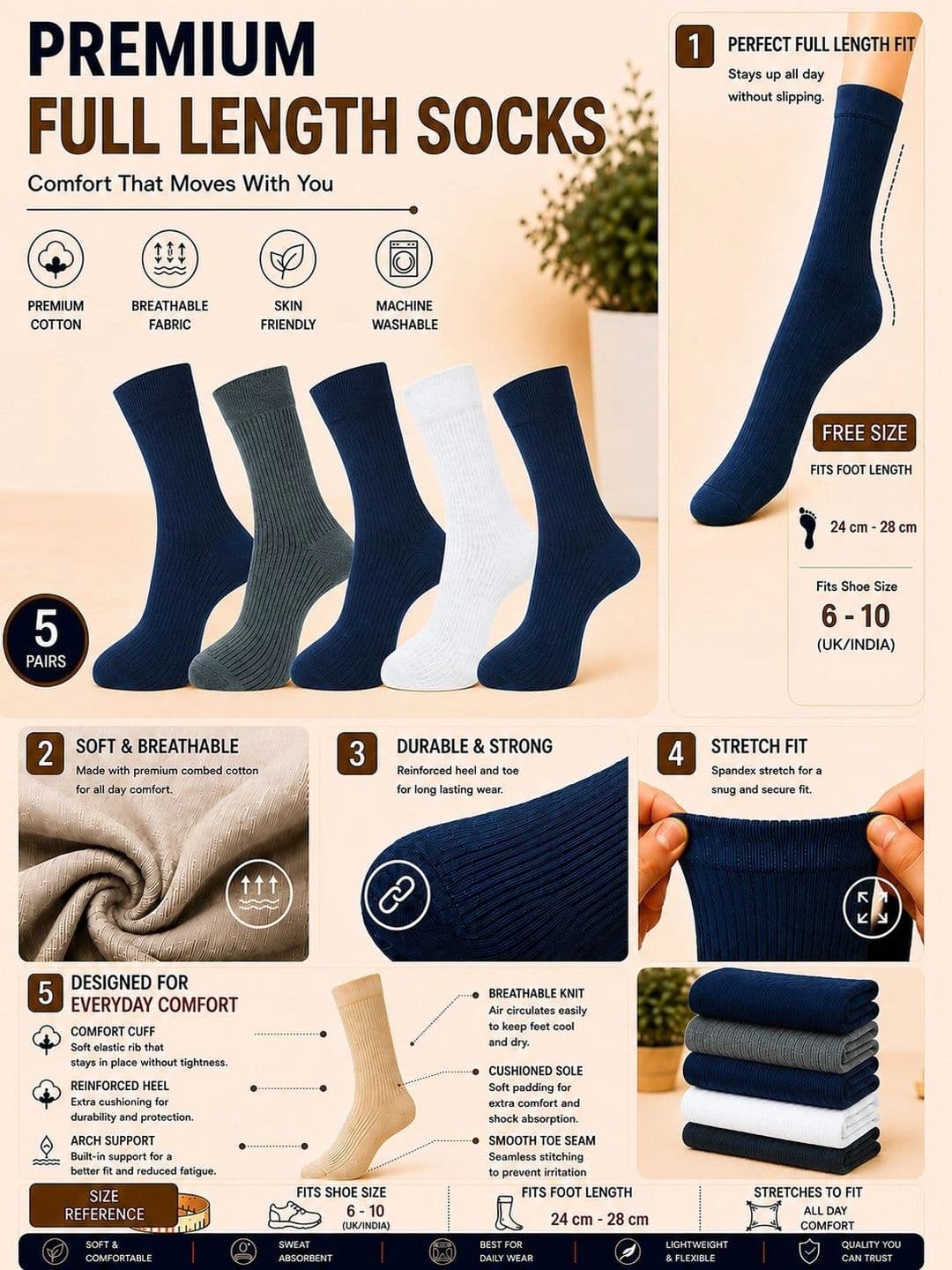 ADDOSSO Men Pack of 5 Cotton Assorted Calf Length Socks thumbnail 5