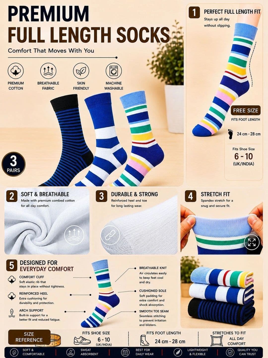 ADDOSSO Men Pack of 3 Cotton Assorted Striped Calf Length Socks thumbnail 5