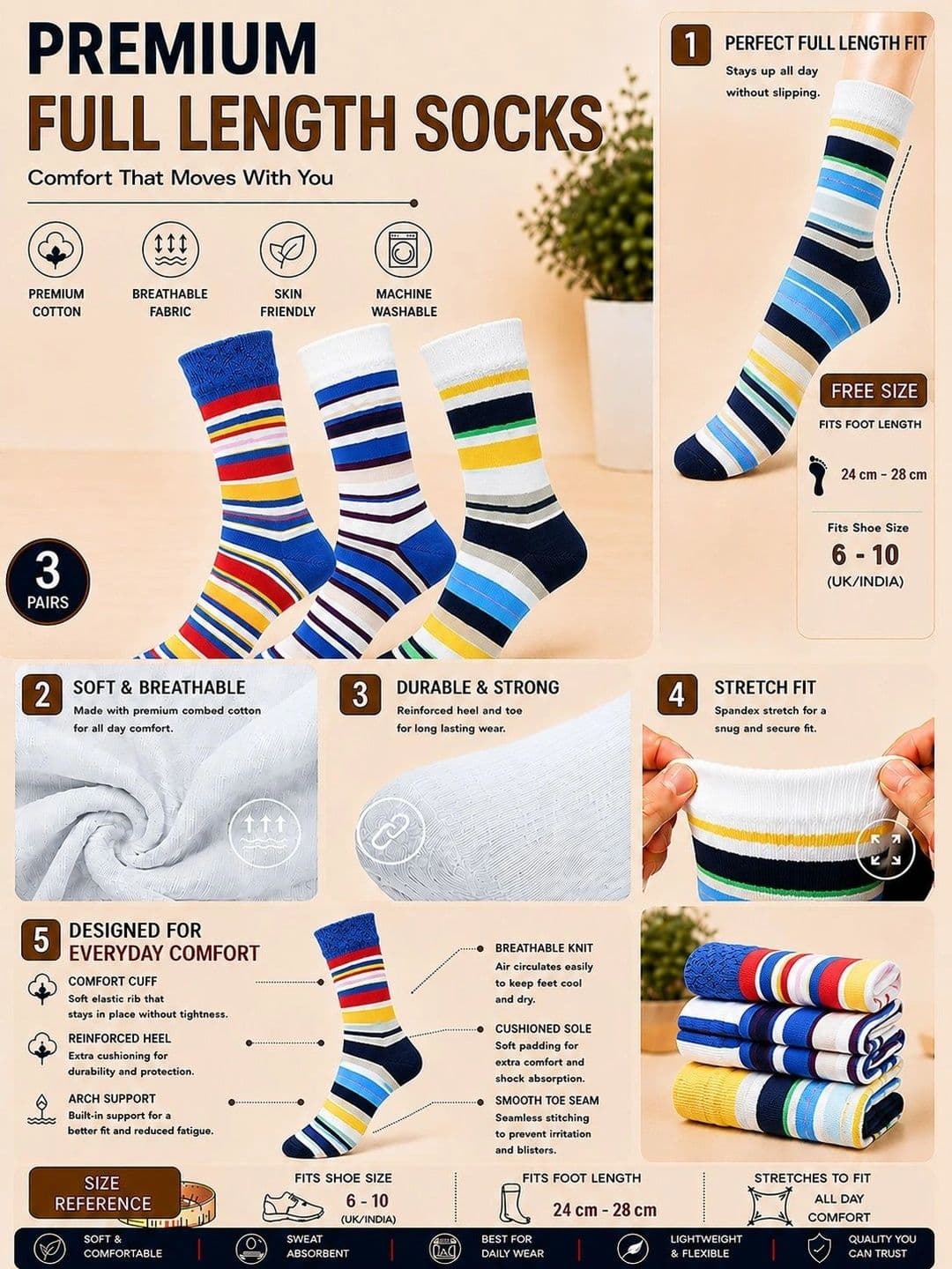 ADDOSSO Men Pack of 3 Cotton Assorted Striped Calf Length Socks thumbnail 5
