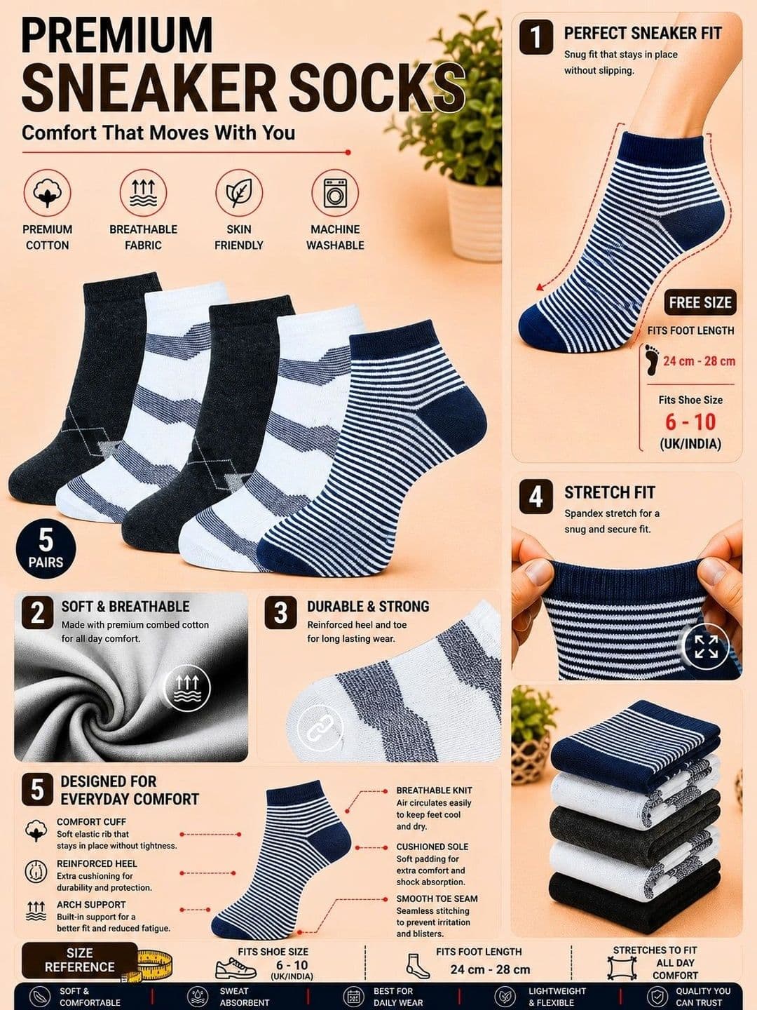 ADDOSSO Men Pack of 5 Cotton Assorted Patterned Above Ankle Socks thumbnail 4