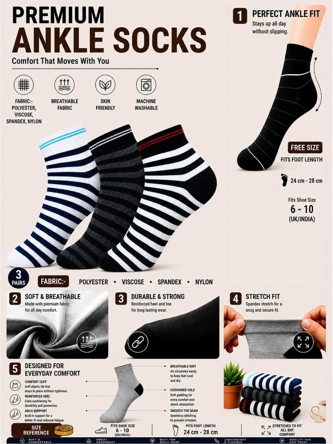 ADDOSSO Men Pack of 3 Cotton Assorted Striped Ankle Length Socks thumbnail 3