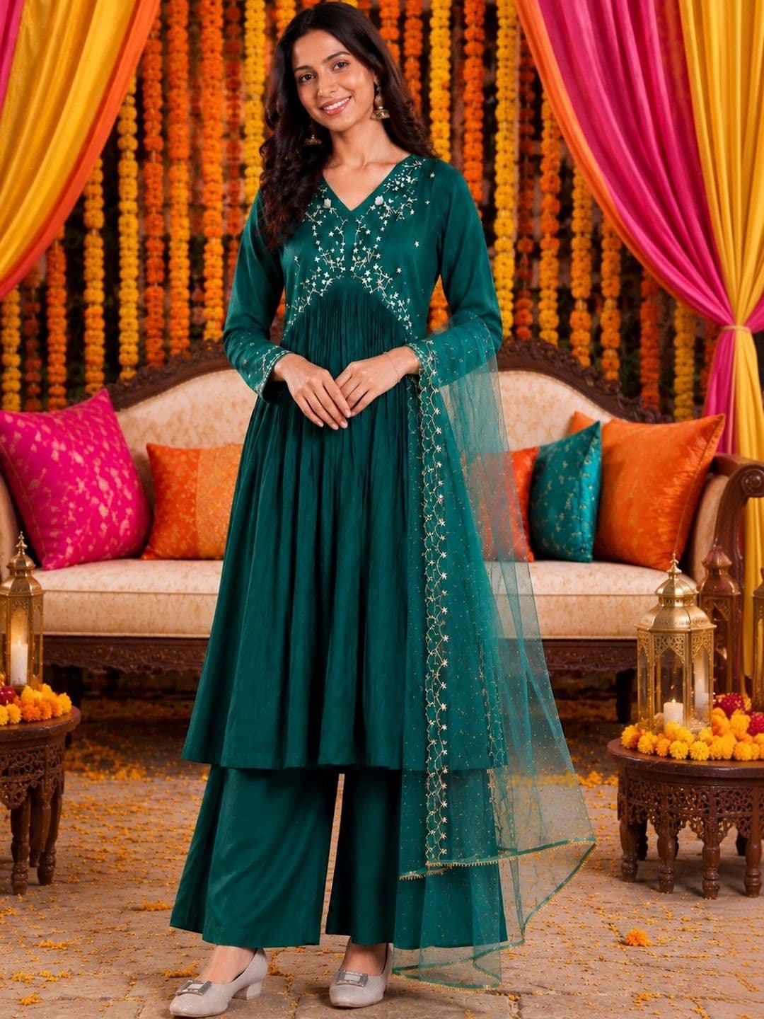 KALINI Women Ethnic Motifs Embroidered Empire Pure Silk Kurta with Palazzos & With Dupatta thumbnail 3