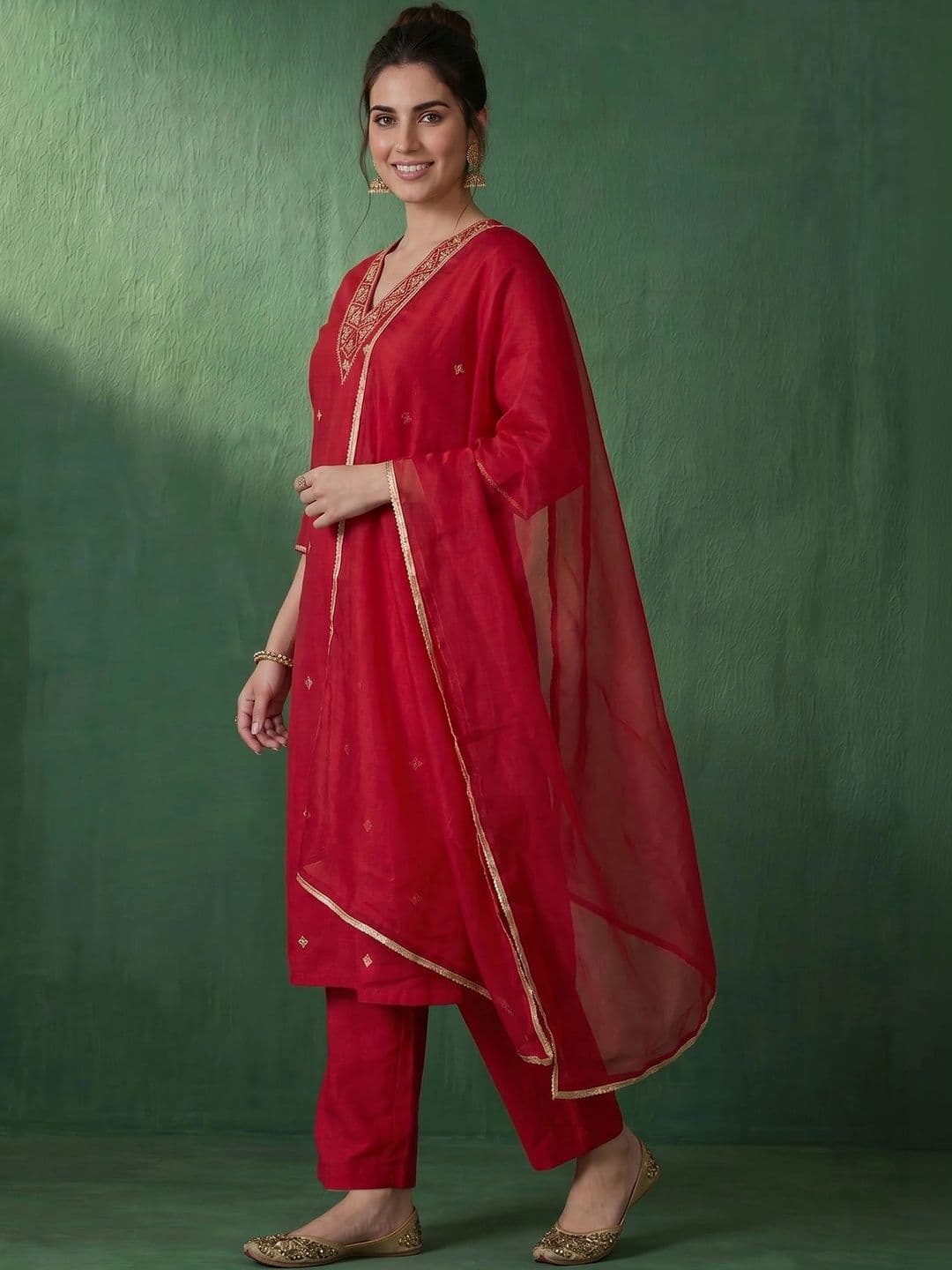 AVANSHEE Women Ethnic Motifs Embroidered Regular Kurta with Trousers & With Dupatta thumbnail 6