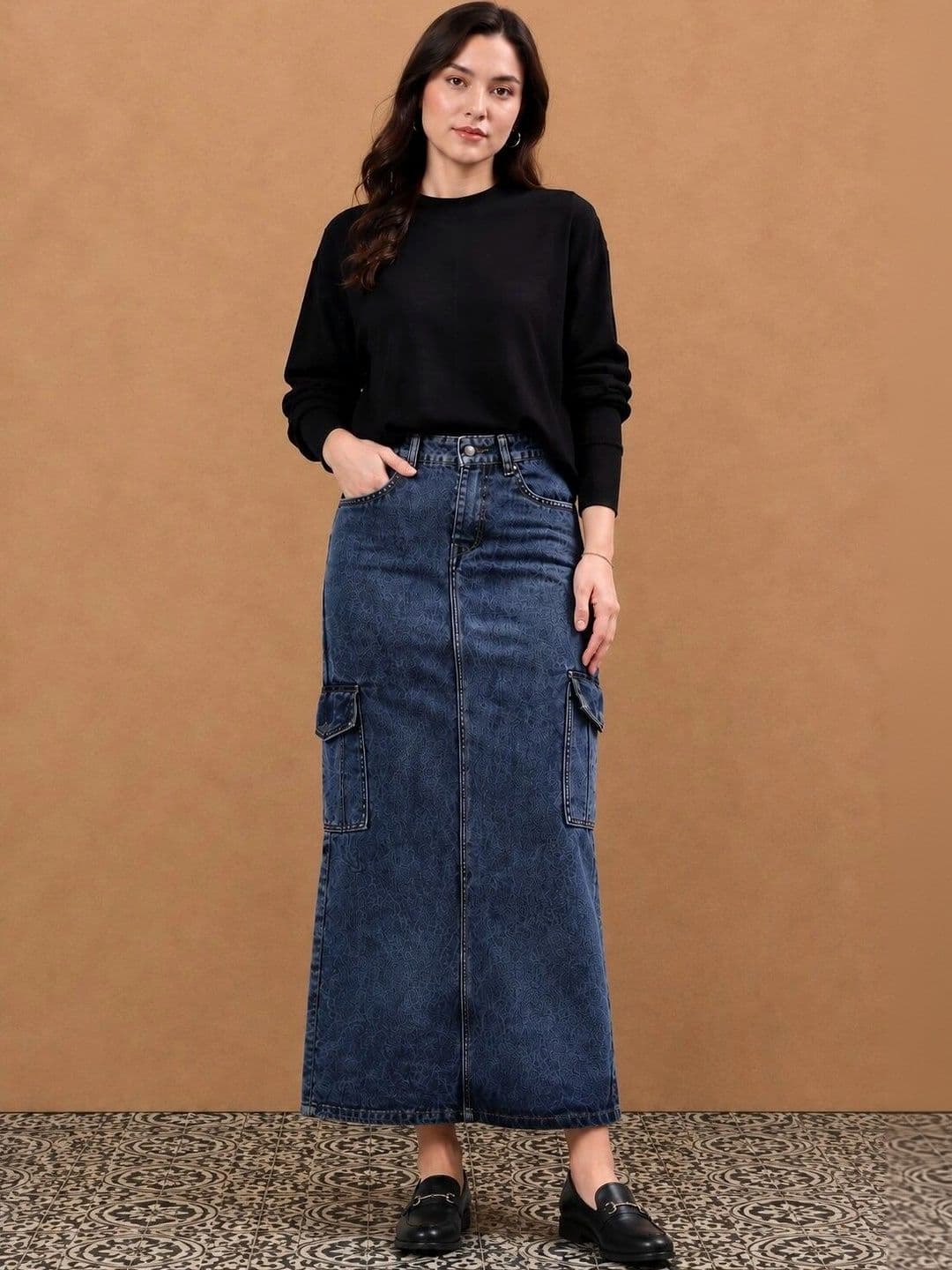 all about you Women Denim Self Design Cargo Styles Side Slit Maxi Straight Skirt - view 1