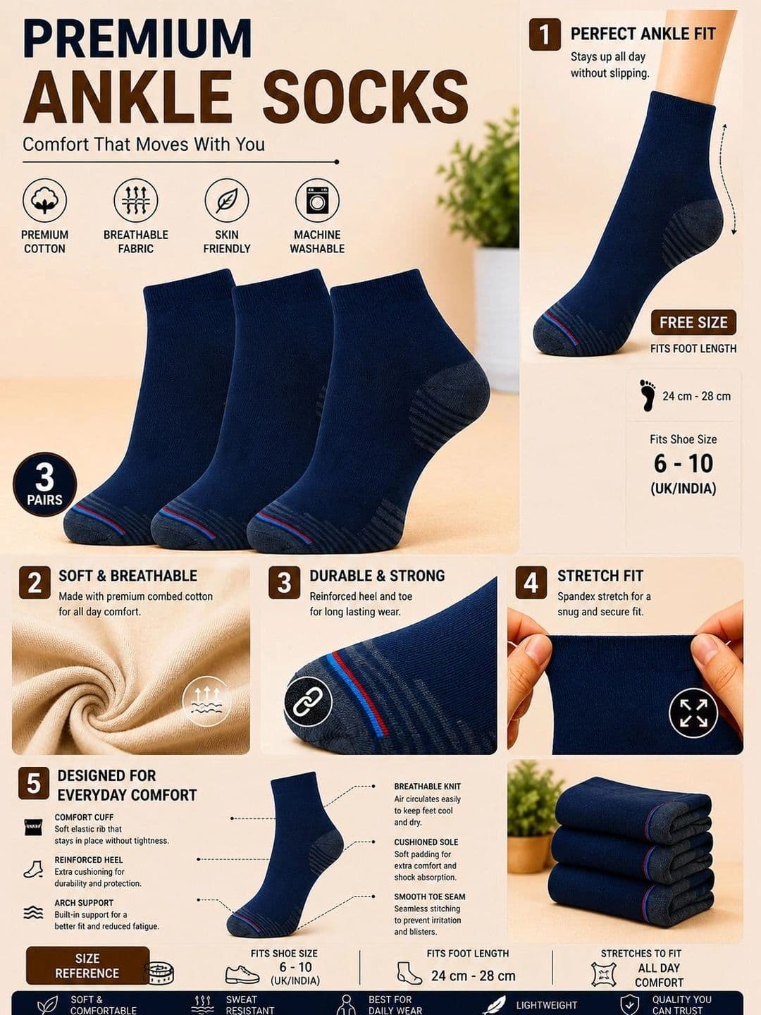 ADDOSSO Men Pack of 3 Cotton Assorted Patterned Ankle Length Socks thumbnail 3