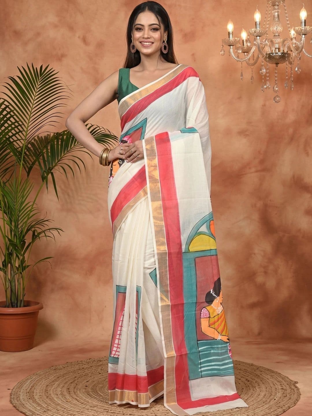 PuJoy Ethnic Motifs Sequinned Pure Cotton Handloom Taant Saree thumbnail 2