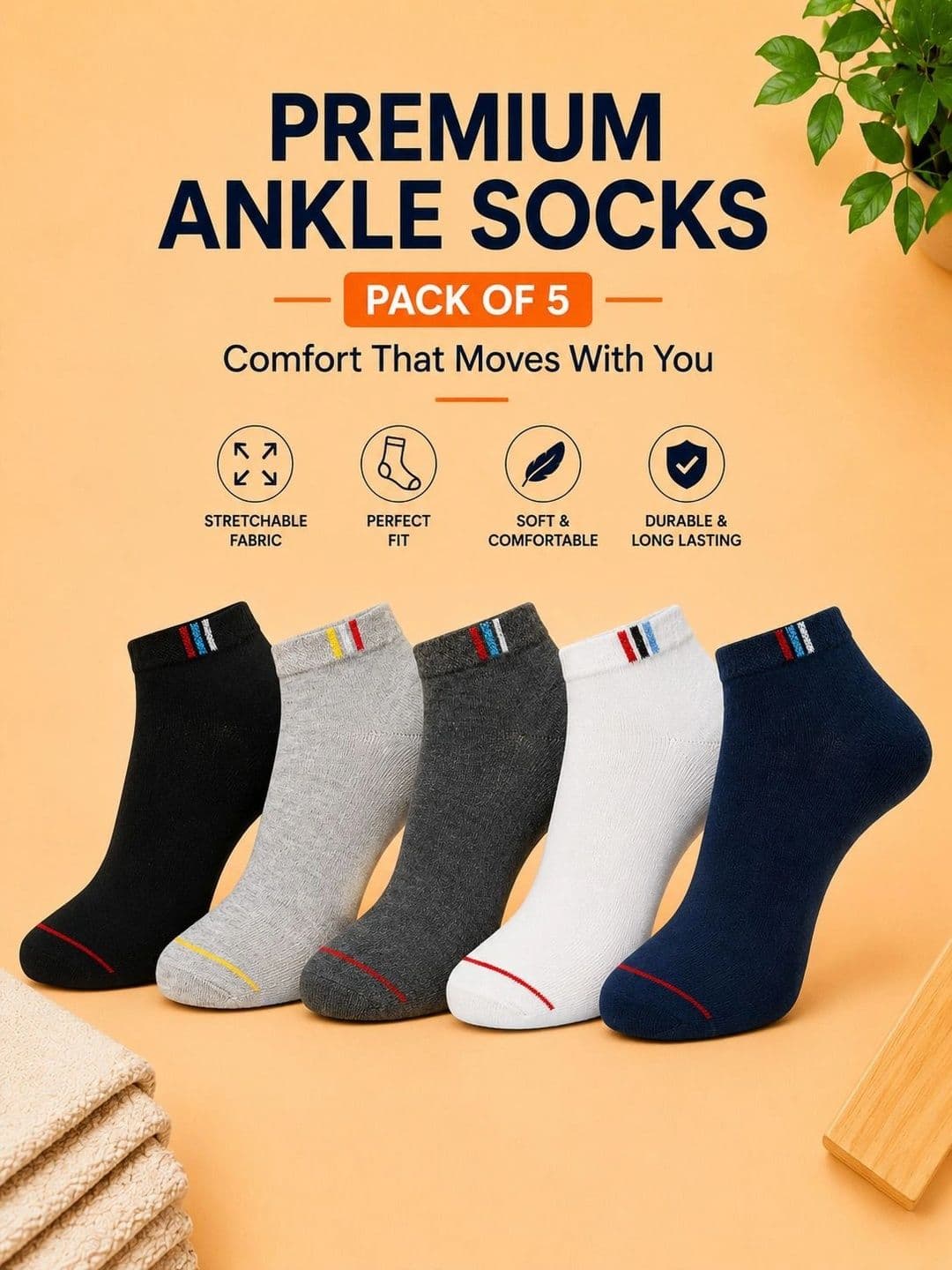 ADDOSSO Men Pack of 5 Cotton Assorted Colourblocked Ankle Length Socks thumbnail 5