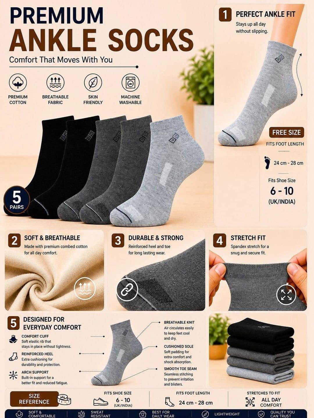 ADDOSSO Men Pack of 5 Cotton Assorted Patterned Ankle Length Socks thumbnail 4