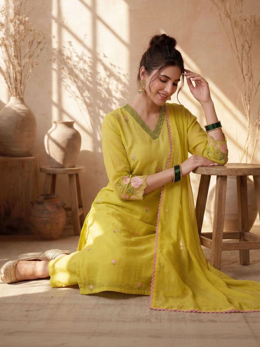 AVANSHEE Women Floral Embroidered Regular Thread Work Chanderi Cotton Kurta with Trousers & With Dupatta thumbnail 5