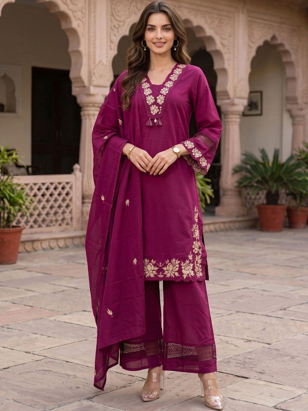 Sangria Women Ethnic Motifs Embroidered Regular Thread Work Pure Cotton Kurta with Palazzos & With Dupatta - view 1