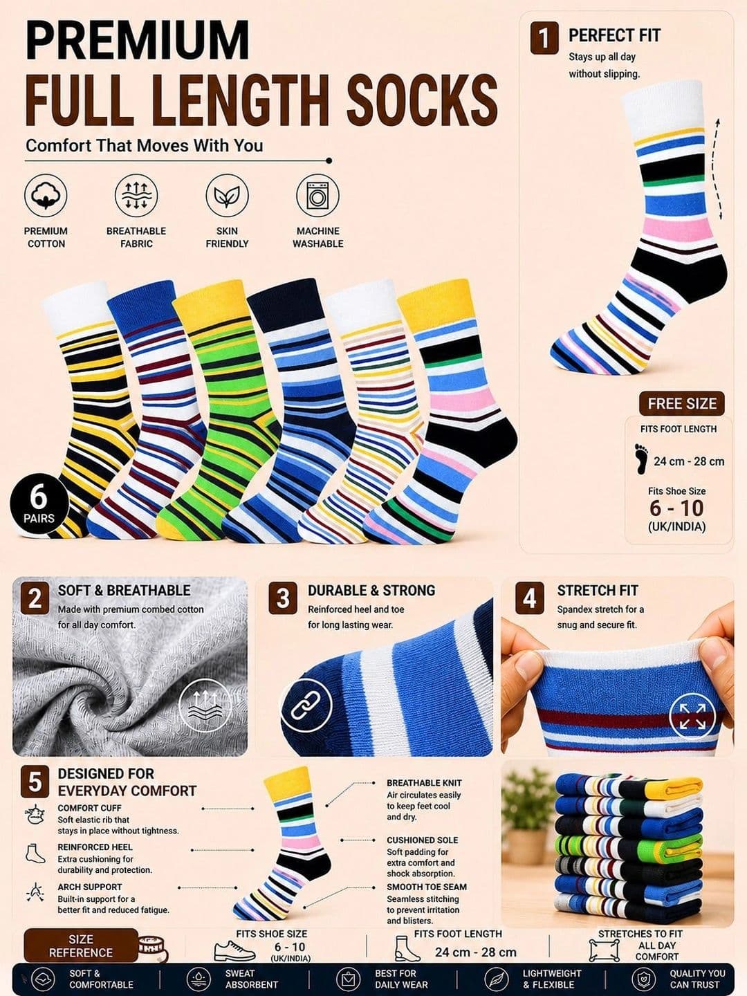 ADDOSSO Men Pack of 6 Cotton Assorted Striped Calf Length Socks thumbnail 2