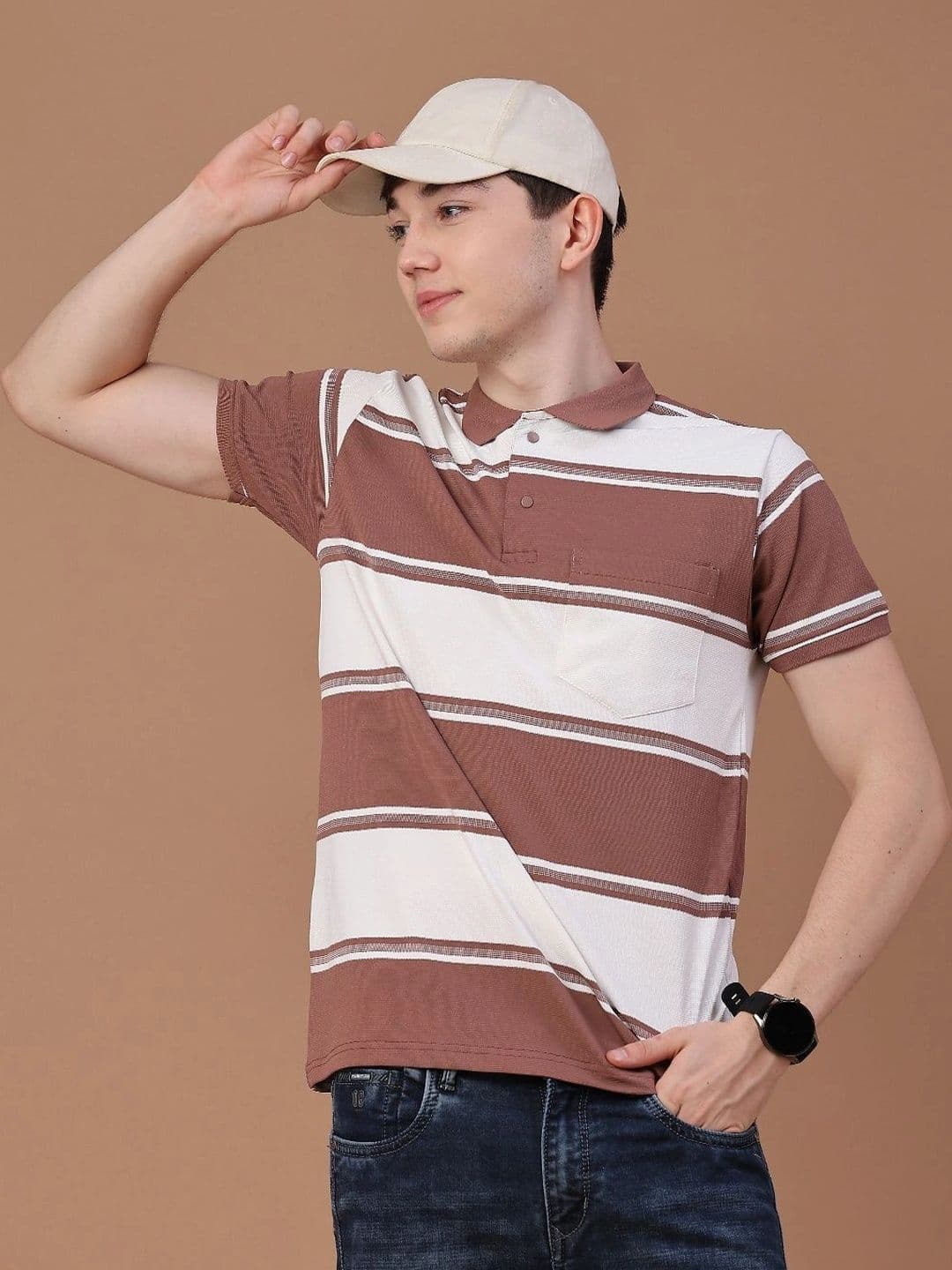 V-Mart Men Striped Polo Collar Pockets Slim Fit T-shirt - view 1
