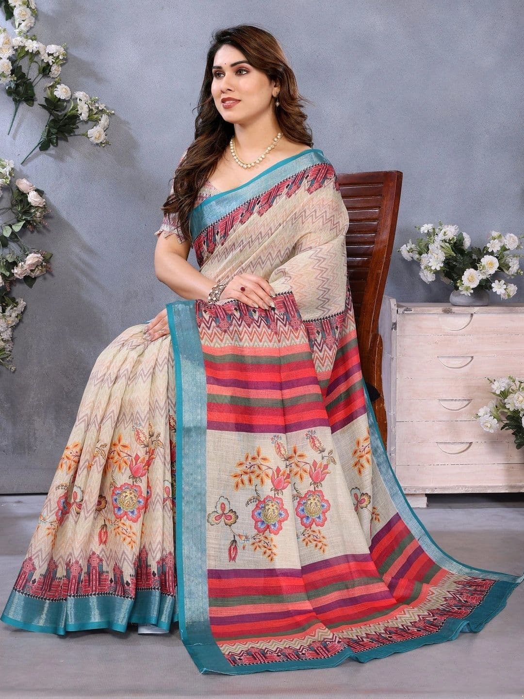 VS MALL Floral Linen Blend Saree thumbnail 3