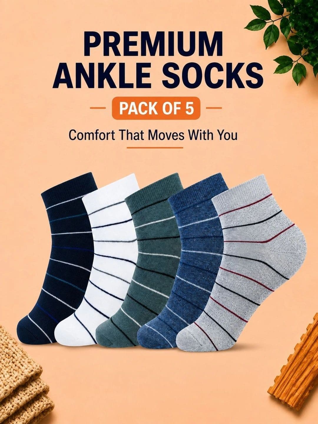 ADDOSSO Men Pack of 5 Cotton Assorted Striped Ankle Length Socks thumbnail 2
