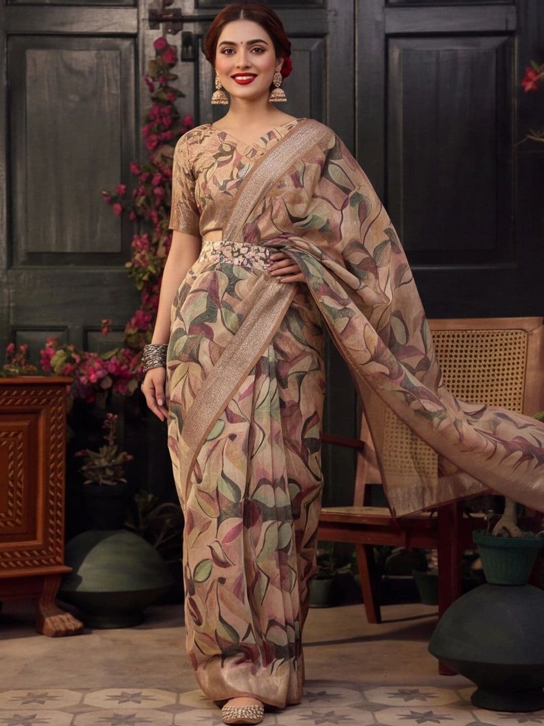 Mitera Women Floral Zari Silk Cotton Fusion Saree - view 1