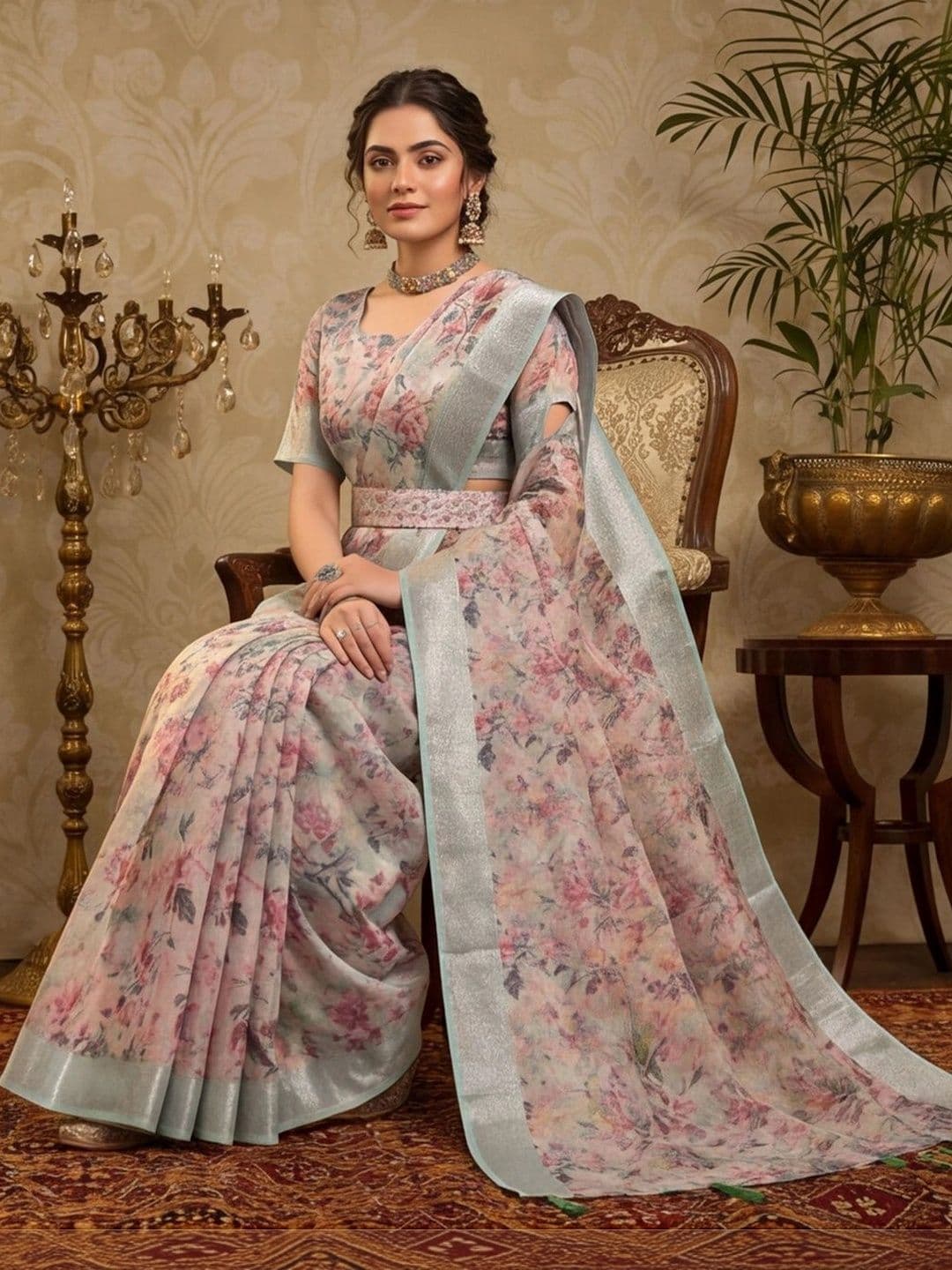 Mitera Floral Zari Silk Cotton Fusion Saree thumbnail 6