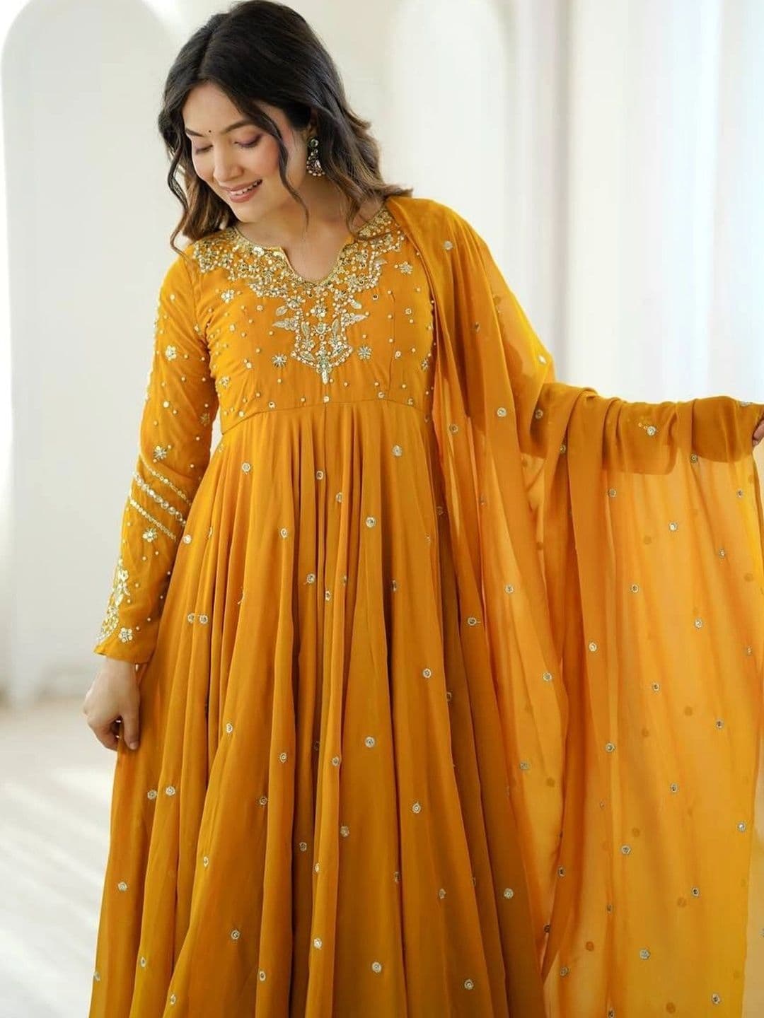 VastraBazaar Women Embroidered Empire Sequinned Silk Georgette Kurta with Trousers & With Dupatta thumbnail 4