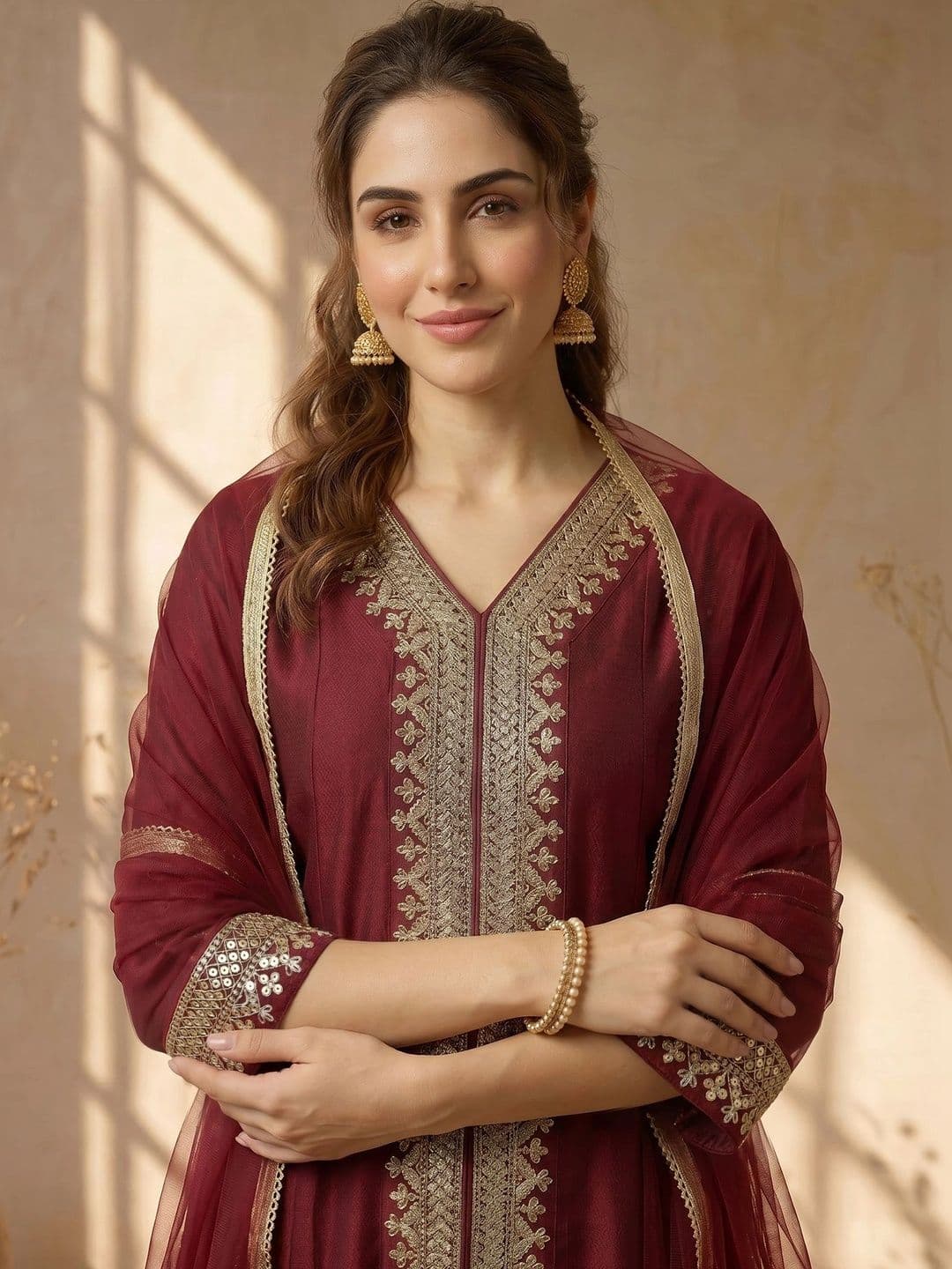 AVANSHEE Women Ethnic Motifs Embroidered High Slit Kurta with Trousers & With Dupatta thumbnail 6